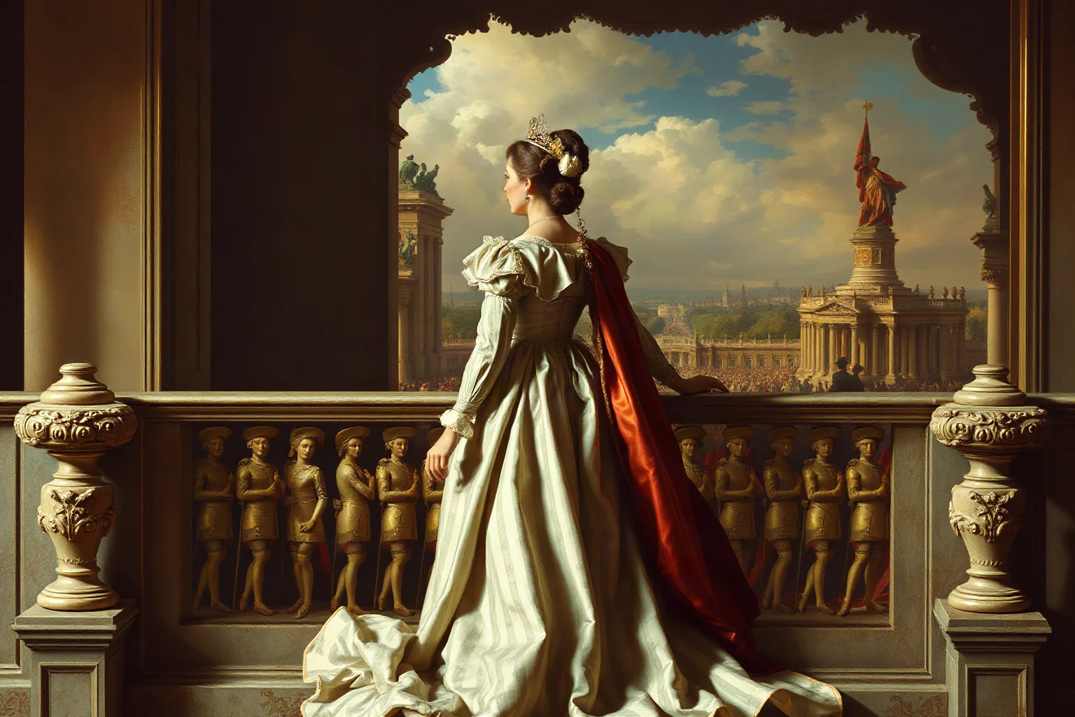 An 18th-century French queen in an elaborate gown standing on a palace balcony overlooking a restless crowd below