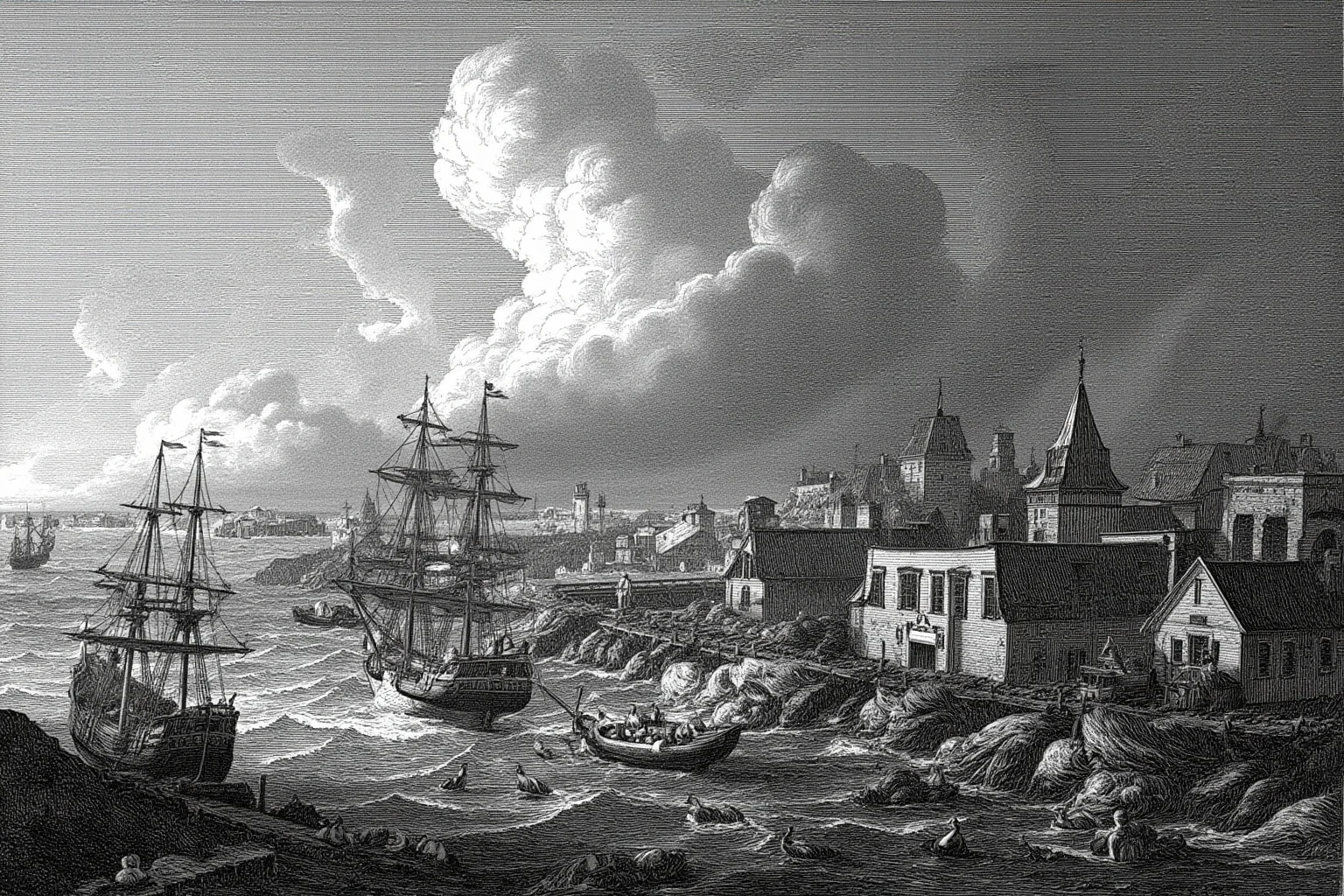 An 18th-century harbor town illustration during a violent tropical storm with rough seas