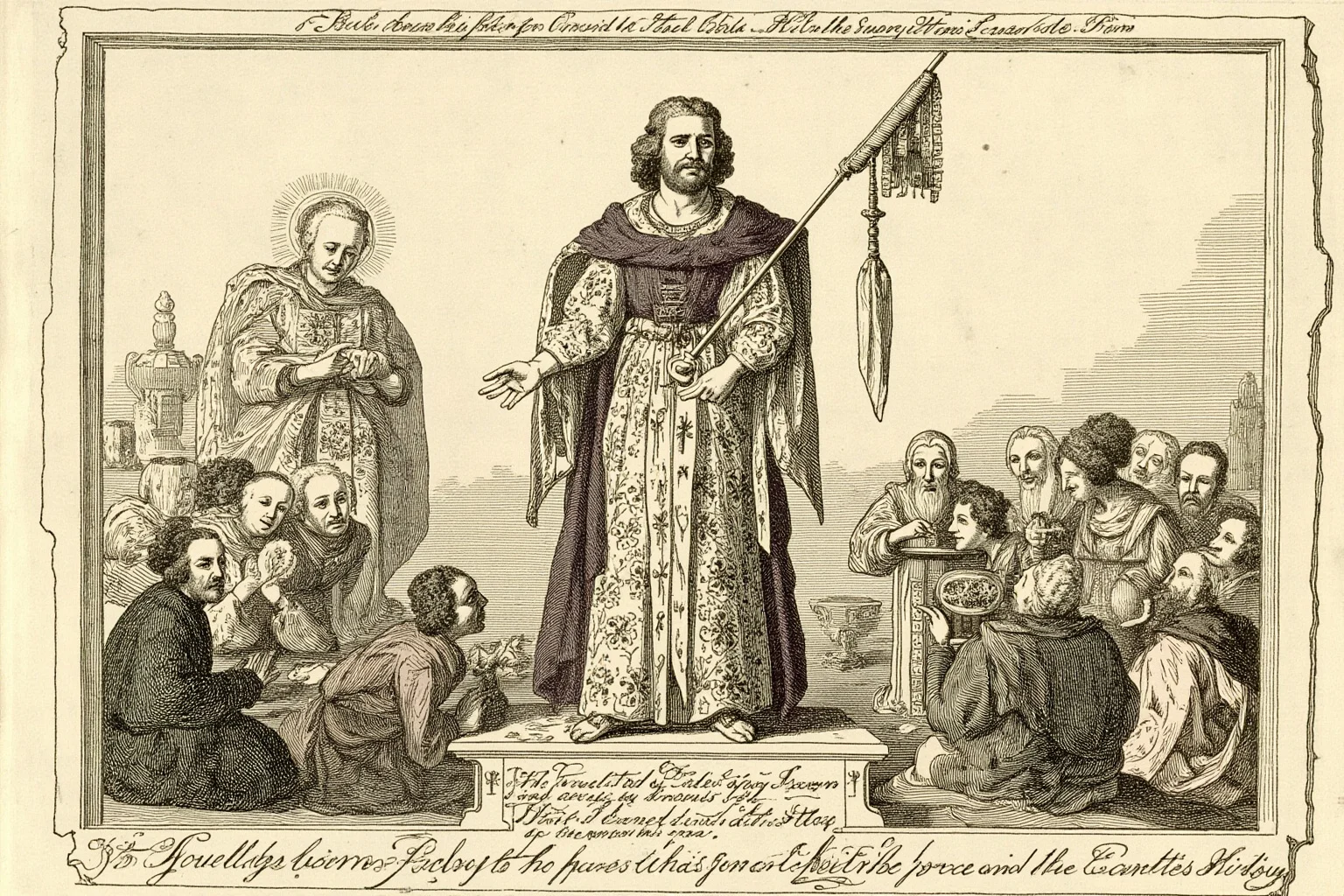 An 18th-century illustration of a robed figure with invented exotic garments and symbols, standing before curious scholars