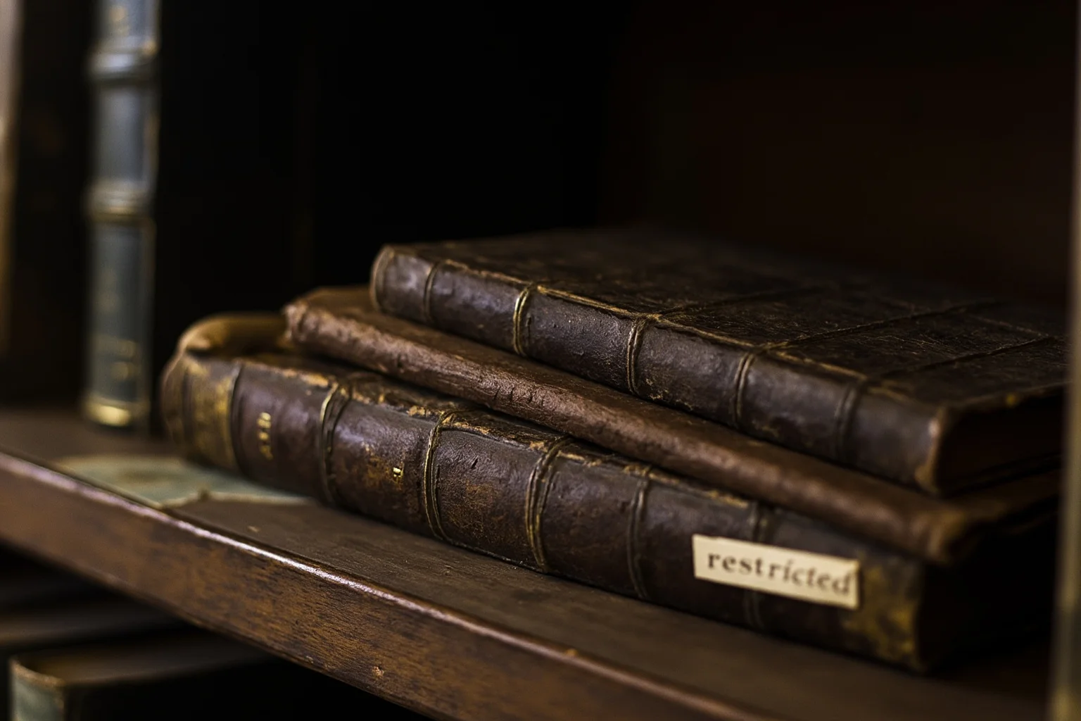 An 18th-century leather-bound book resting on a dusty library shelf with a faded 'restricted' label