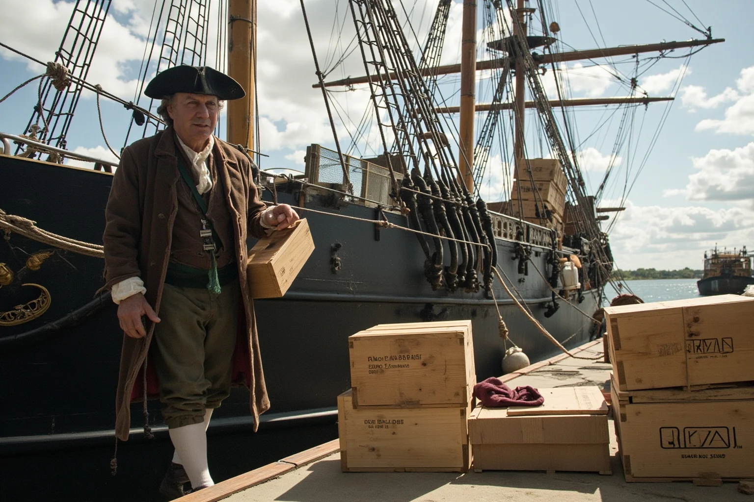 An 18th-century merchant in colonial attire standing on a dock next to crates being loaded onto a sailing ship