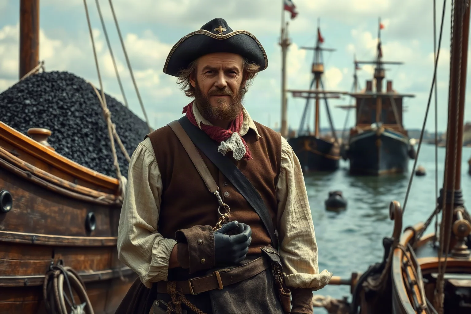 An 18th-century merchant in modest clothing standing proudly beside ships loaded with coal at a busy harbor