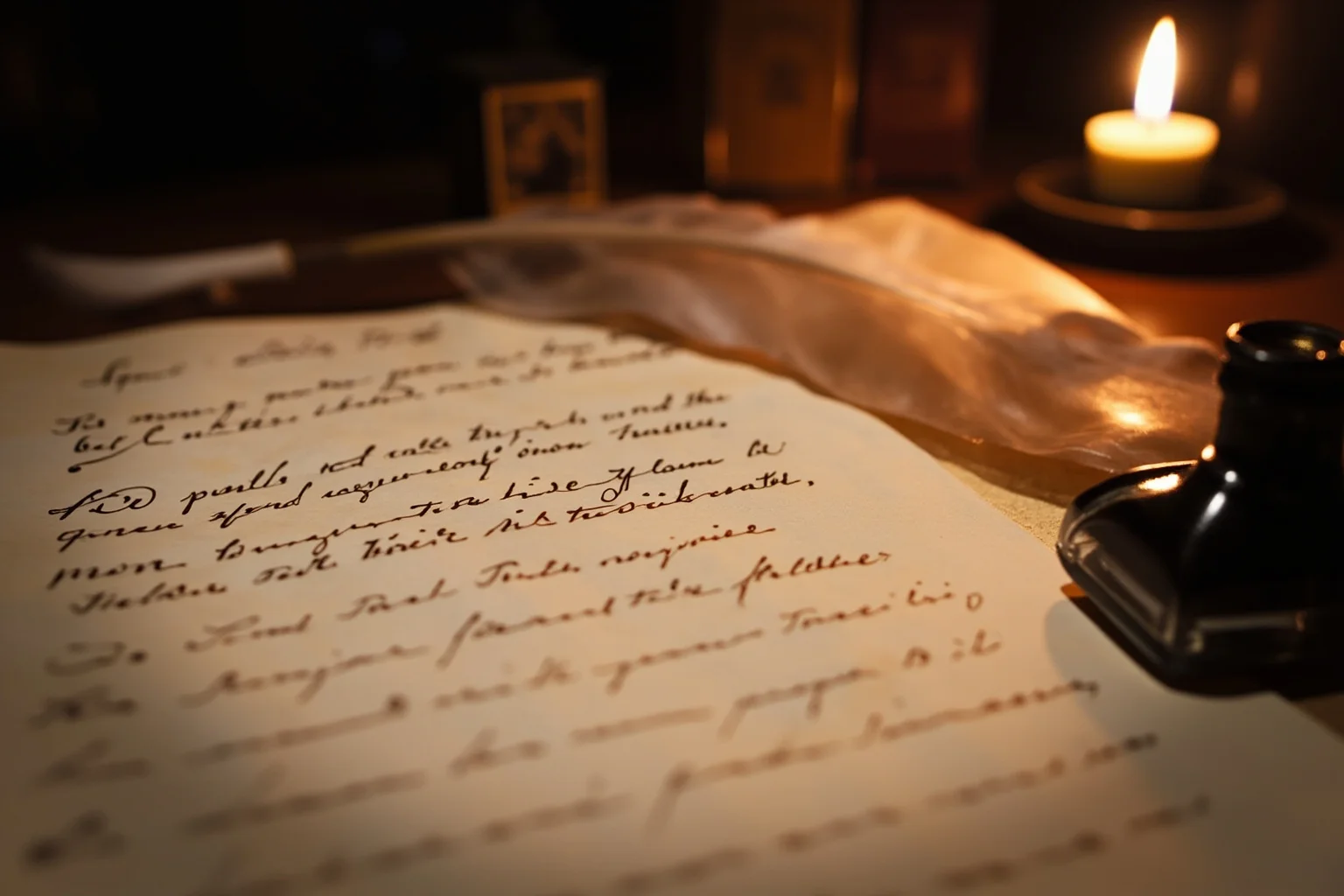 An 18th-century military document with a bold cursive signature, quill and inkwell nearby, warm candlelit study setting