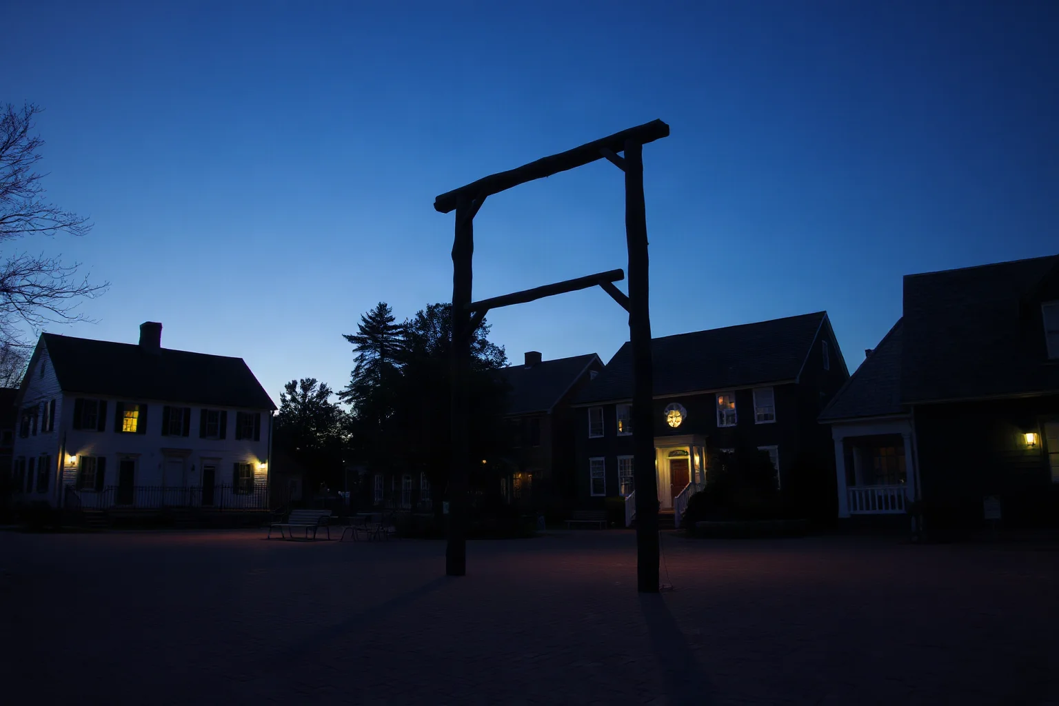 An 18th-century New England village square with a wooden gallows silhouette at dusk