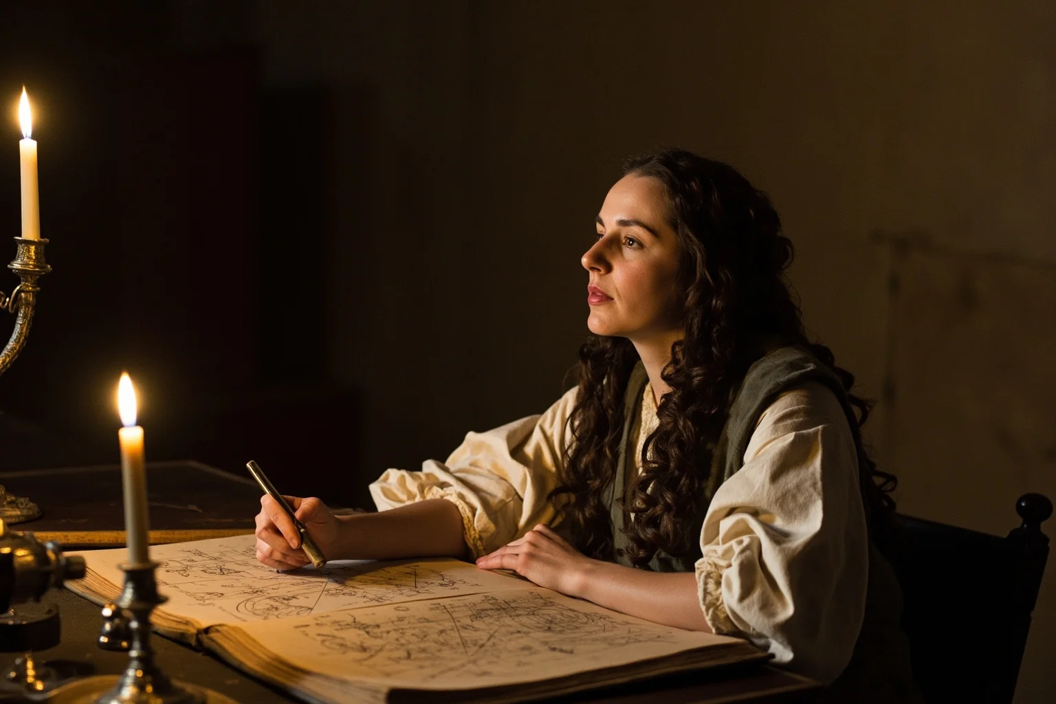 An 18th-century noblewoman scientist at a desk covered in mathematical diagrams and a large physics manuscript, candlelight, Enlightenment-era illustrative style