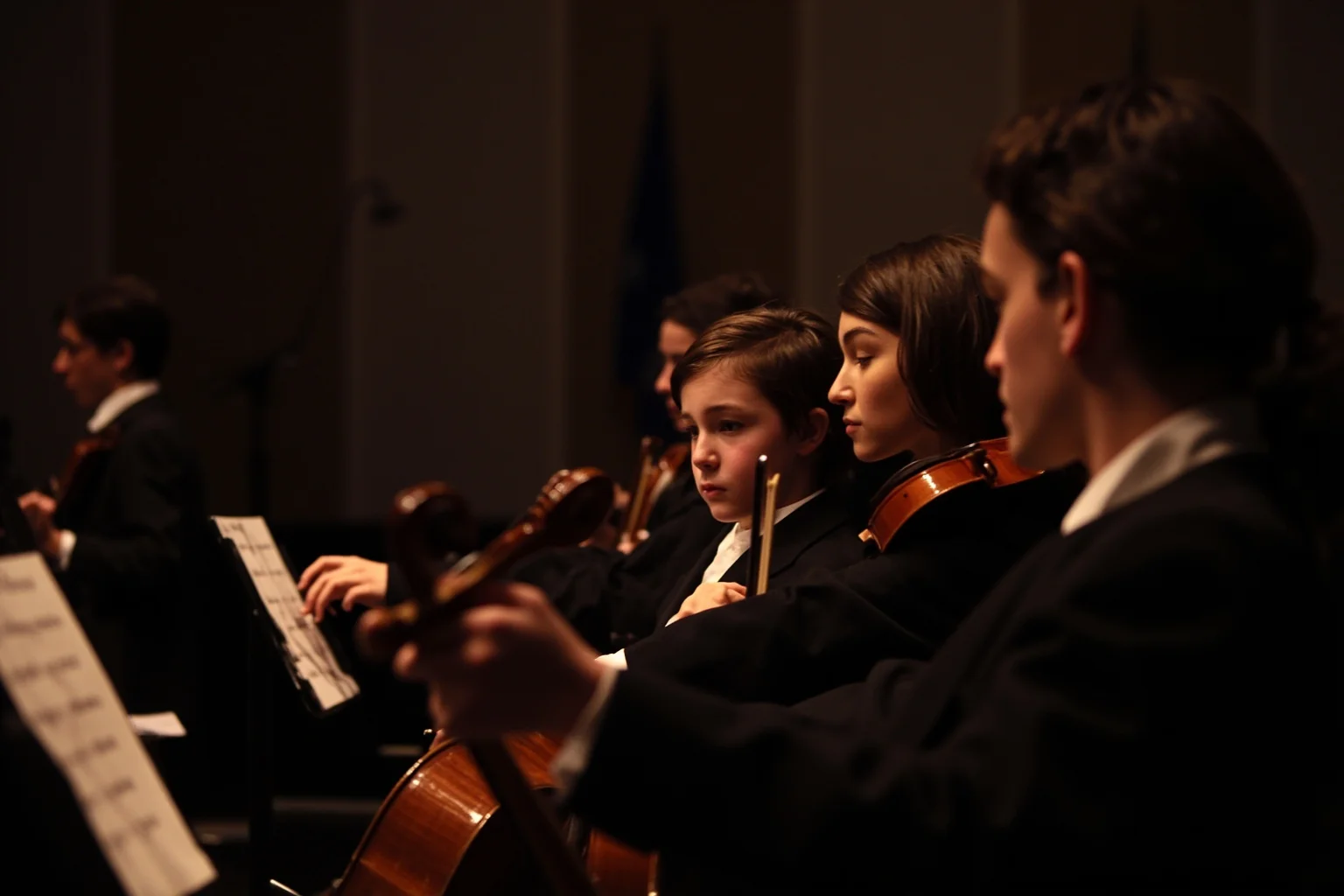 An 18th-century orchestra performing intensely under dim stage lighting, string section prominent