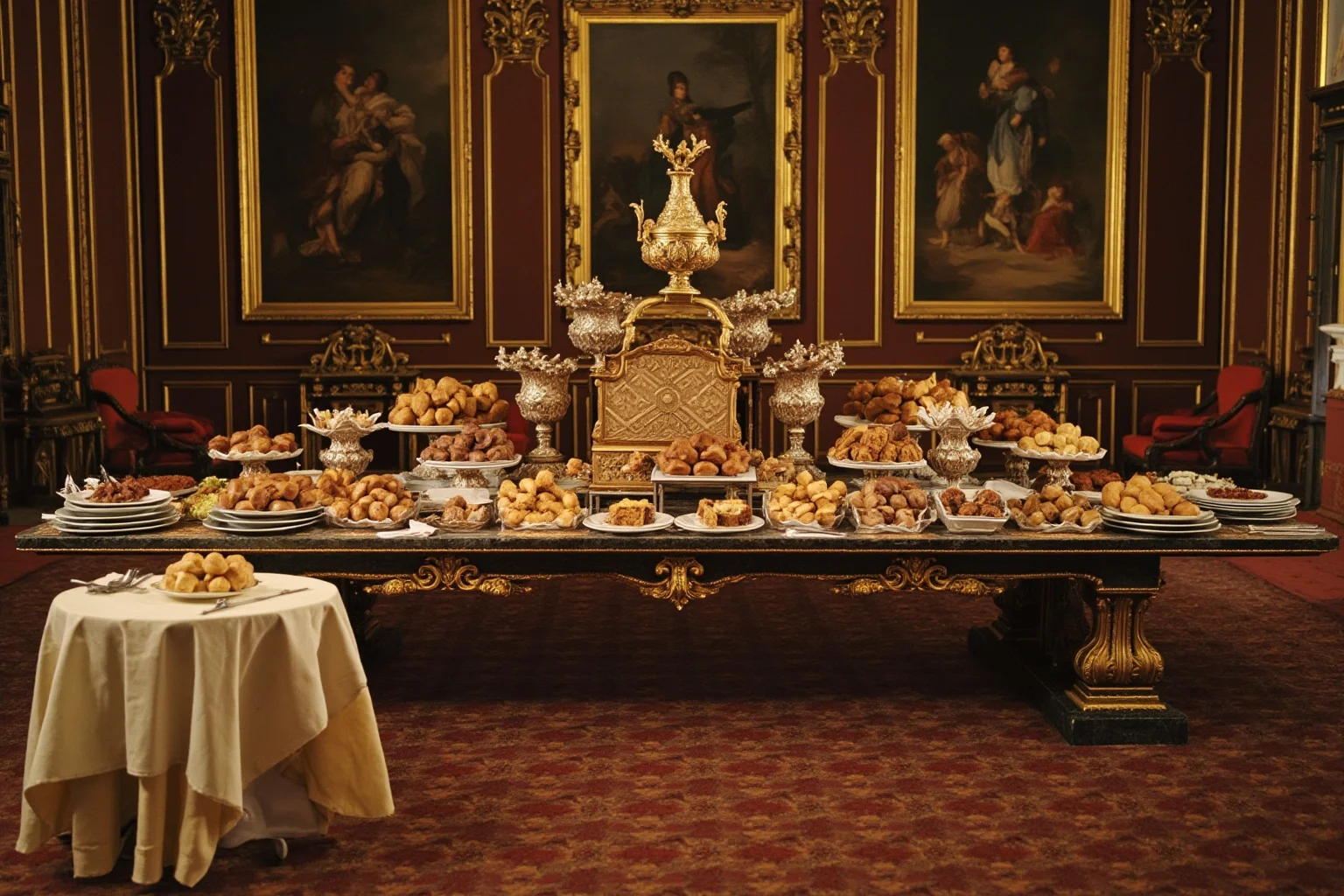 An 18th-century royal dining table piled with pastries and sweet buns, ornate Scandinavian palace setting