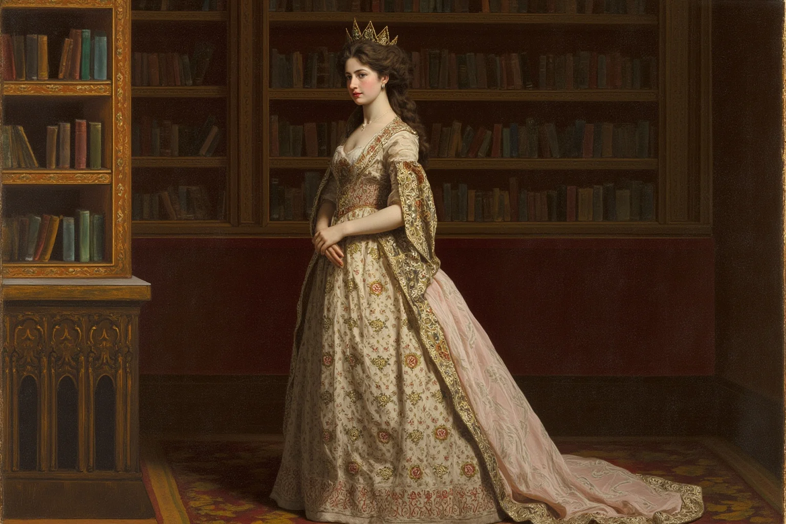 An 18th-century Russian empress in an ornate gown standing in a grand palace hall lined with books, illustrative painting style