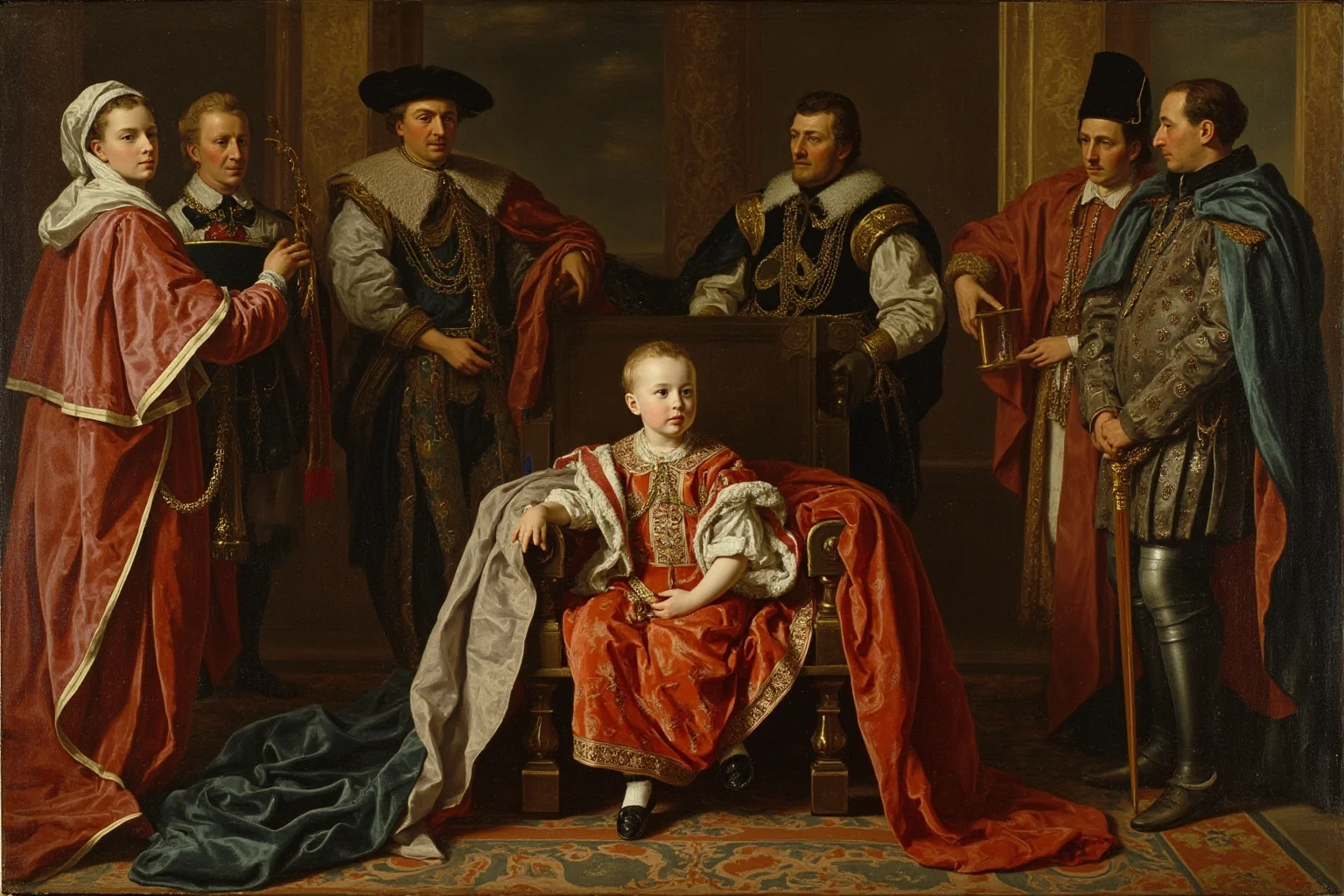 An 18th-century Russian imperial palace interior with an infant in royal robes surrounded by courtiers, baroque painting style