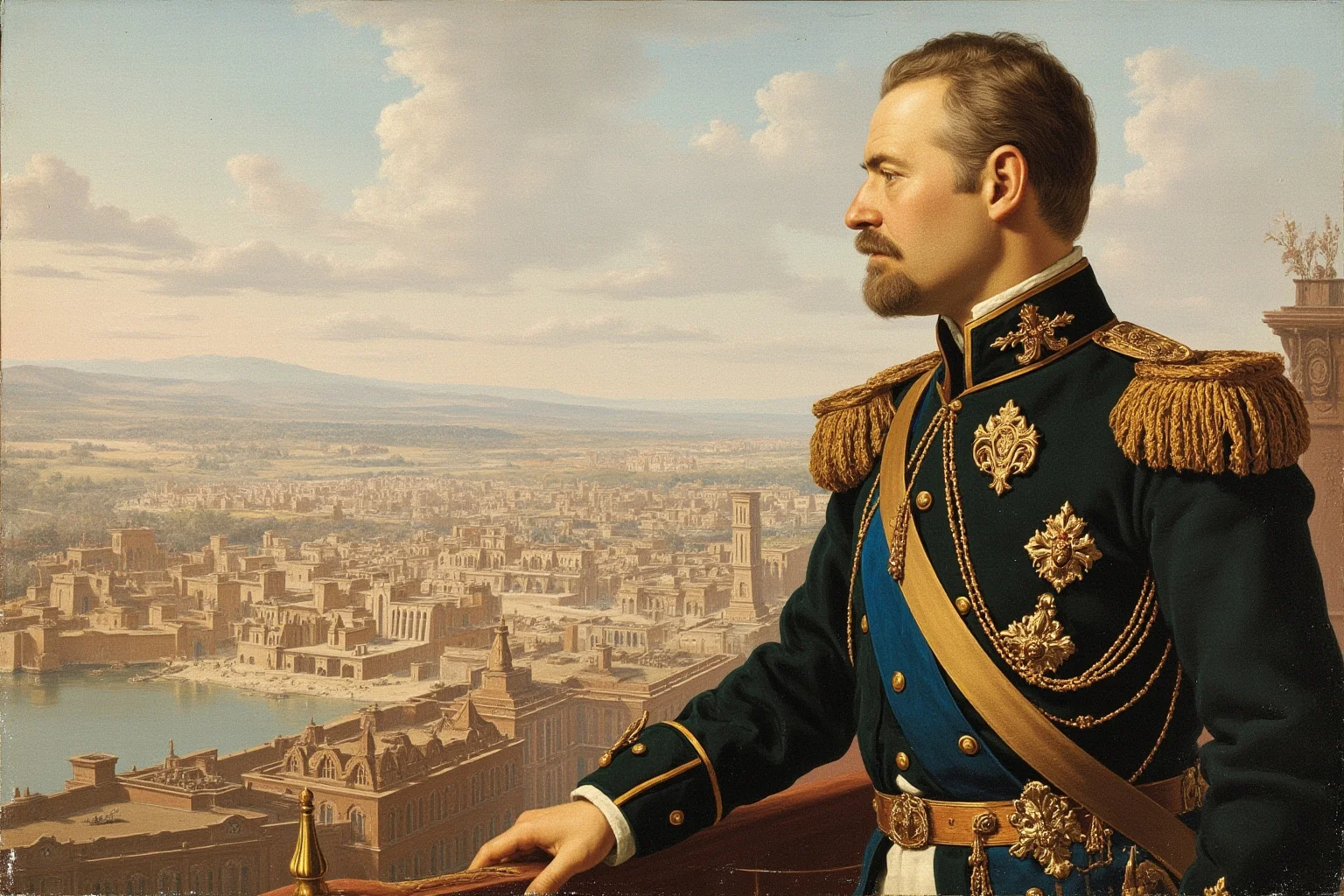 An 18th-century Russian tsar in military uniform overseeing construction of a new city by a river, illustrative painting style