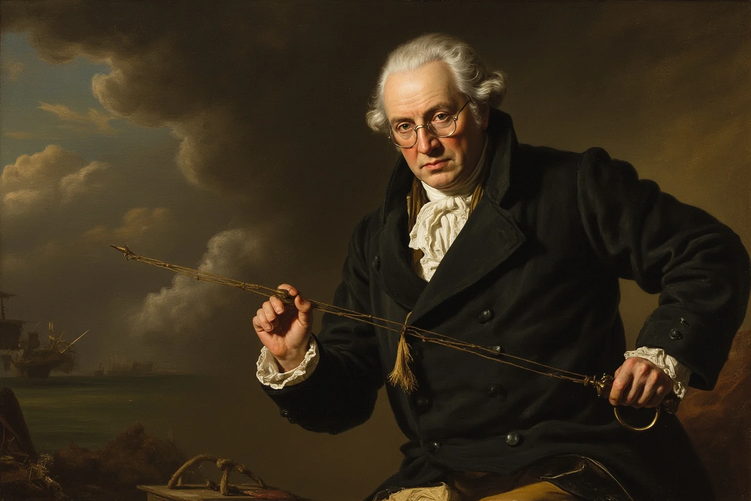 Most Interesting People in History: 22 Figures Who Shaped the World 17 An 18th-century statesman in a coat and spectacles experimenting with a kite and key during a storm, painted historical style