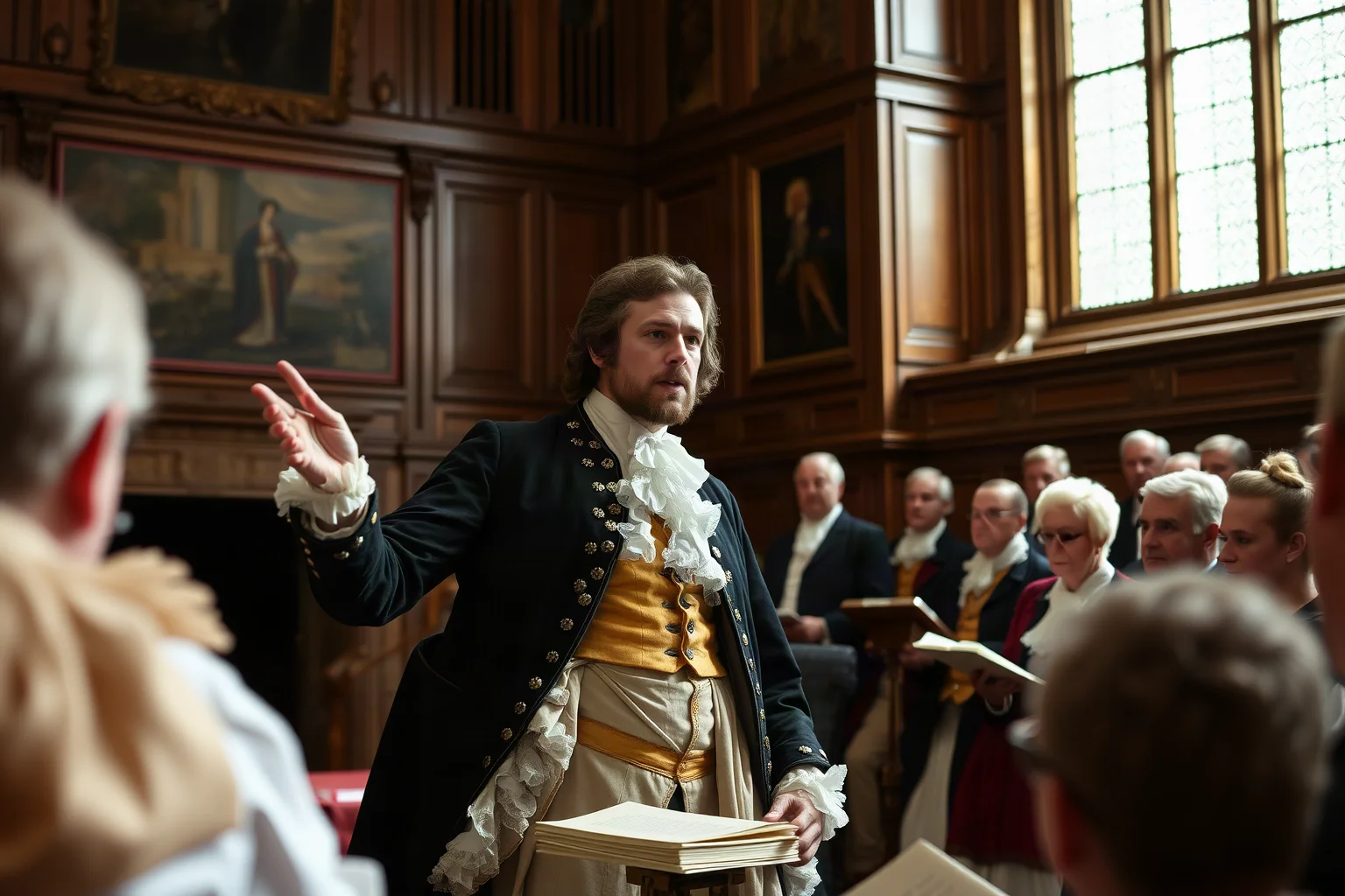 An 18th-century statesman in period dress addressing a parliamentary chamber, illustrative historical style