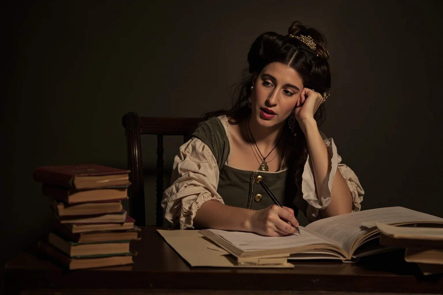 Philosophers Everyone's Heard Of, and 20 Everyone Forgot About 10 An 18th-century woman in period dress writing passionately at a desk stacked with books and papers