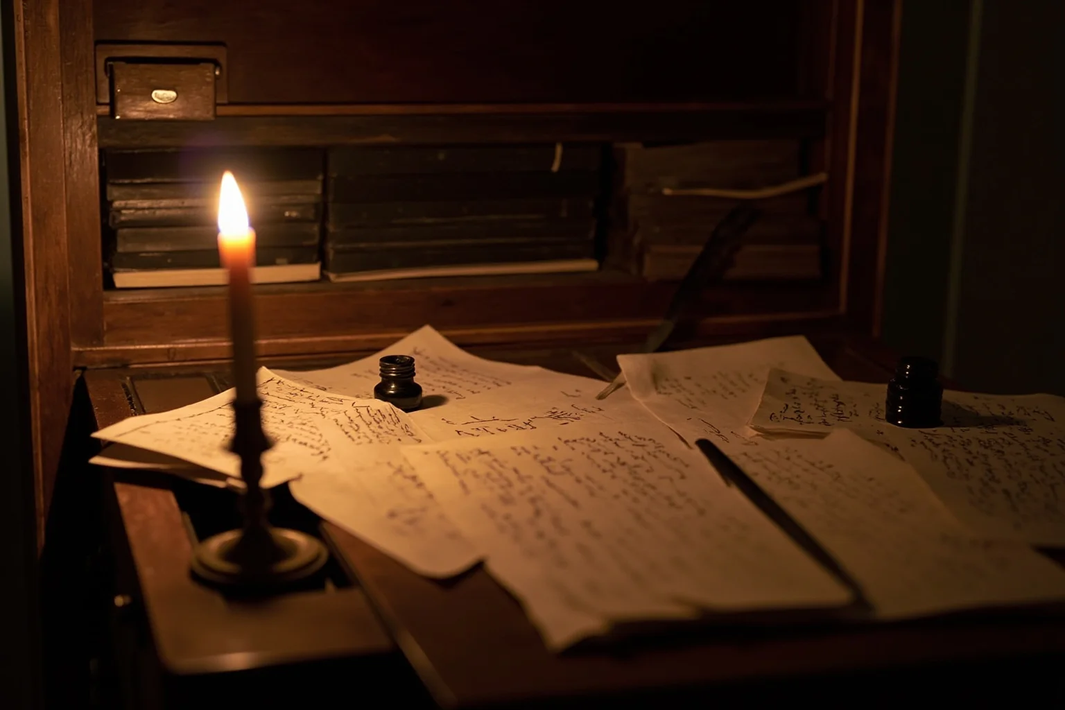 An 18th-century wooden writing desk with quill, ink, and stacks of handwritten letters and pamphlets by candlelight