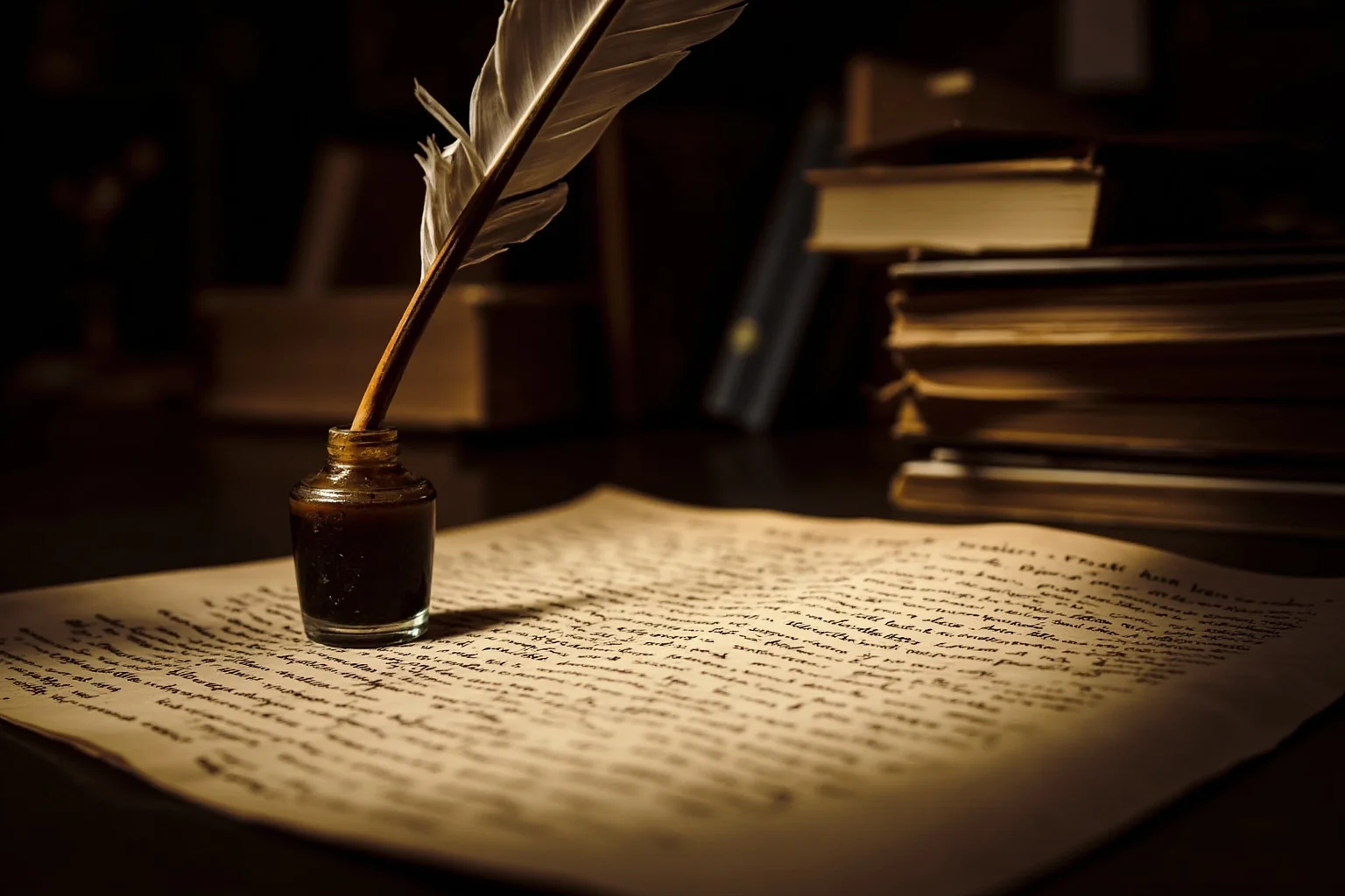 An 18th-century writer's study with a quill, ink, and stacks of economic papers on free trade