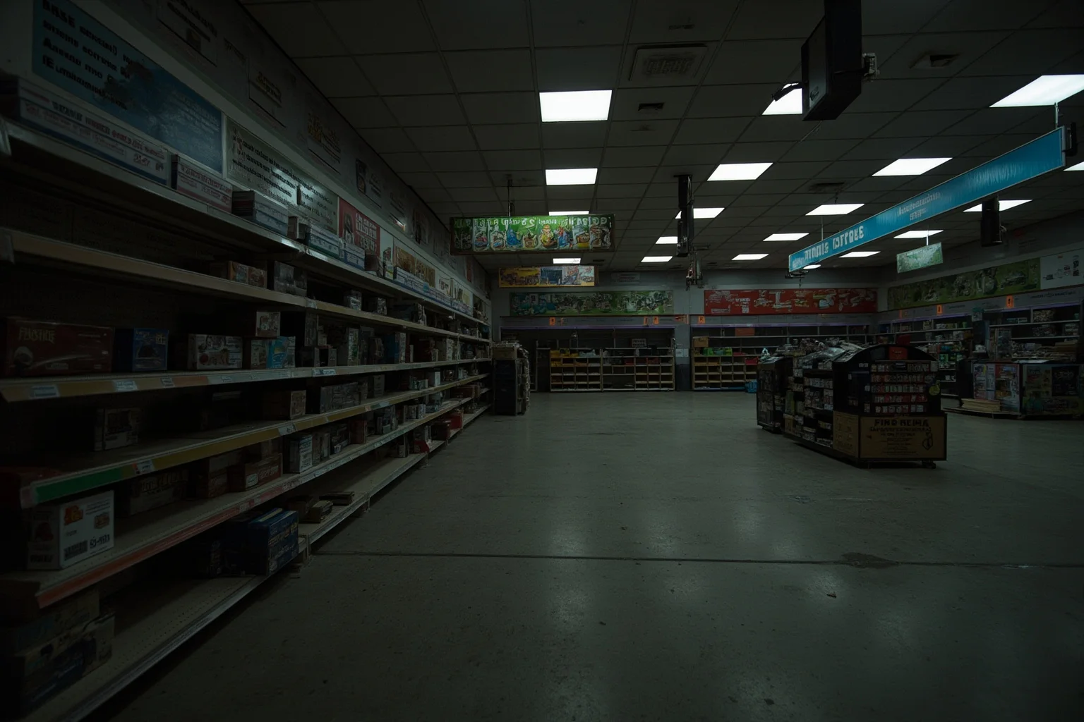 An abandoned big-box toy store interior with empty shelving and dim overhead lighting