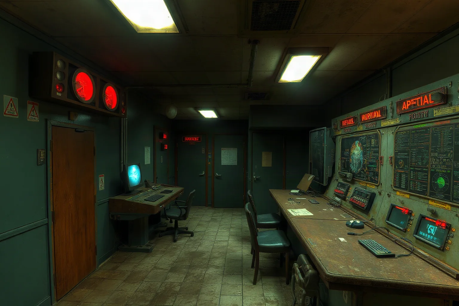 An abandoned nuclear power plant control room with rusting equipment and flickering warning lights, eerie atmosphere