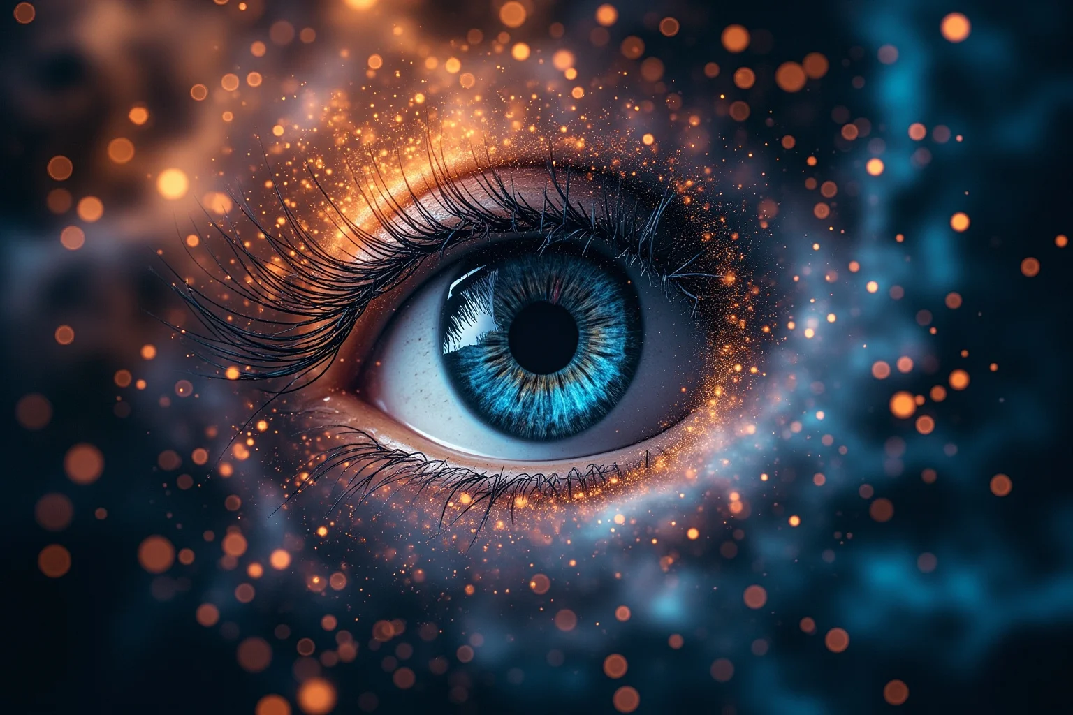 An abstract all-knowing eye overlooking a swirling galaxy of interconnected particles and equations