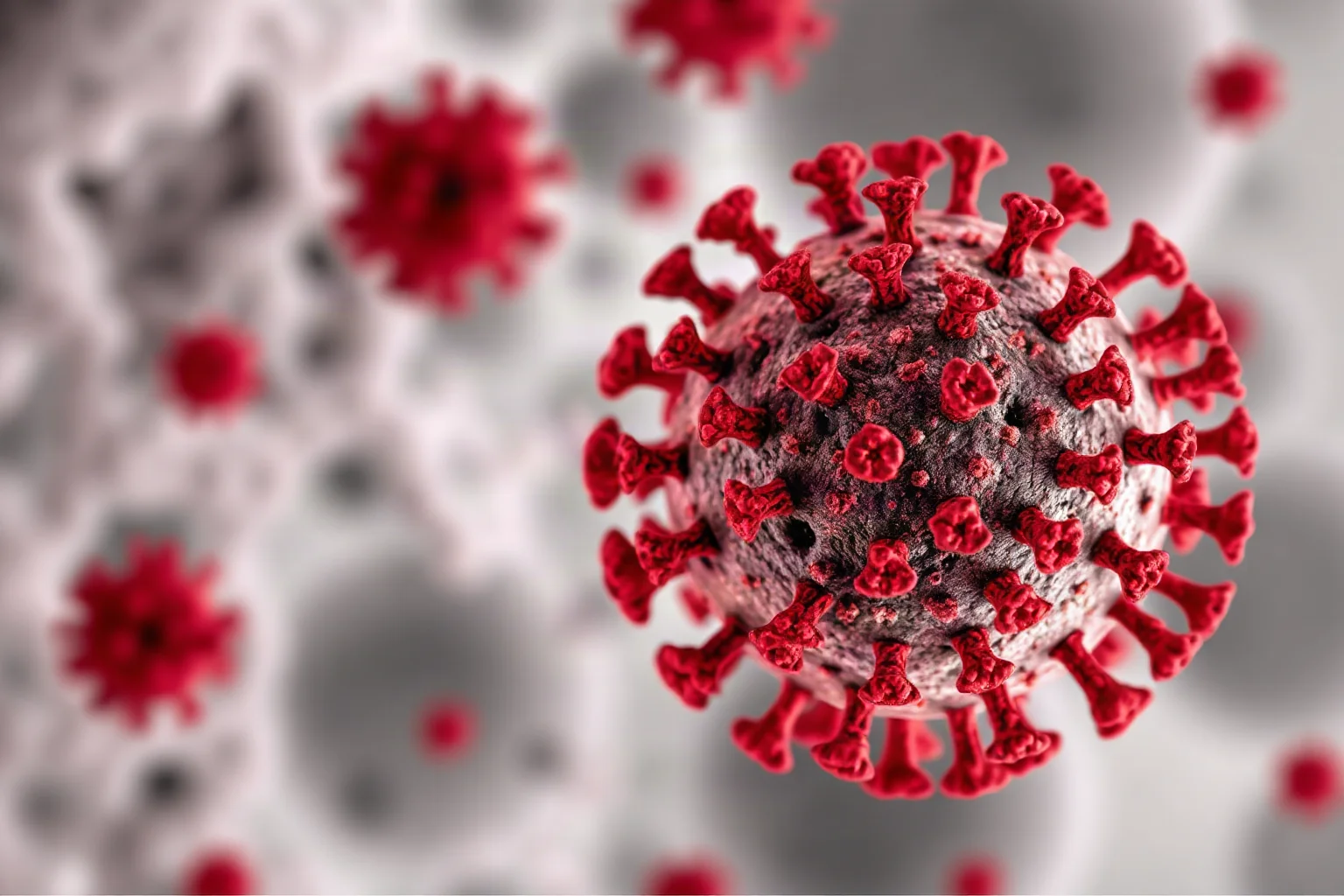An abstract medical illustration representing a retrovirus like HIV under microscope-inspired art, red and white color palette