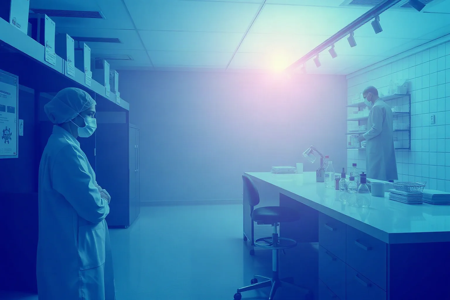 An abstract representation of a biohazard research lab studying a hemorrhagic virus, cool blue-green tones, no real people shown