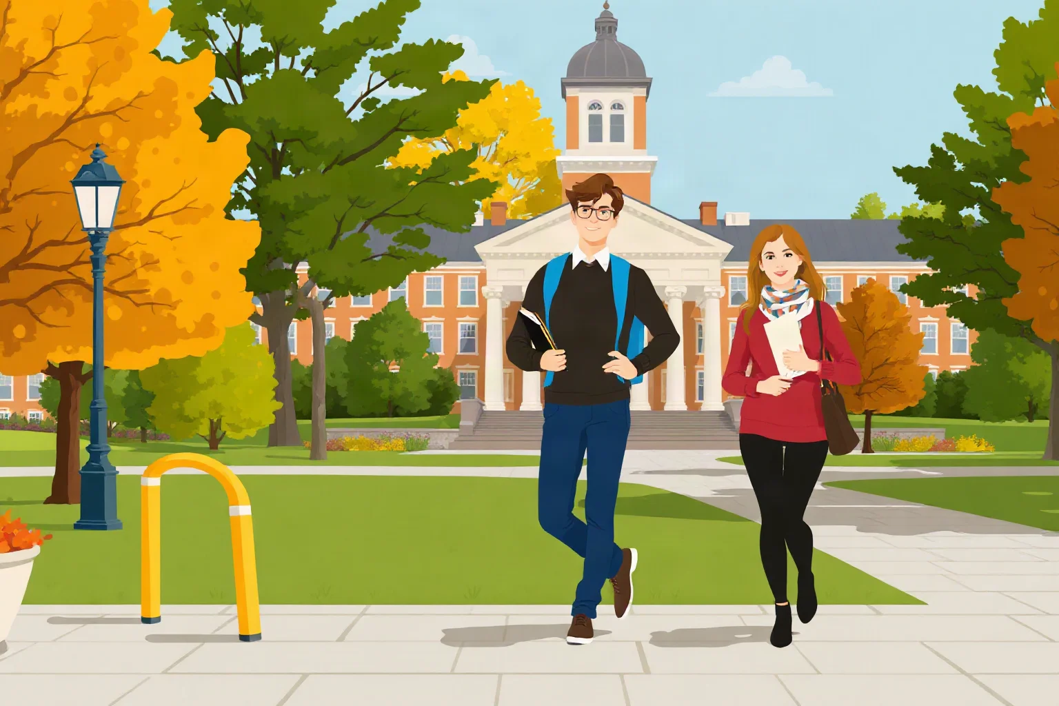 An academic-looking couple walking near a New England university campus, autumn colors, illustrative style