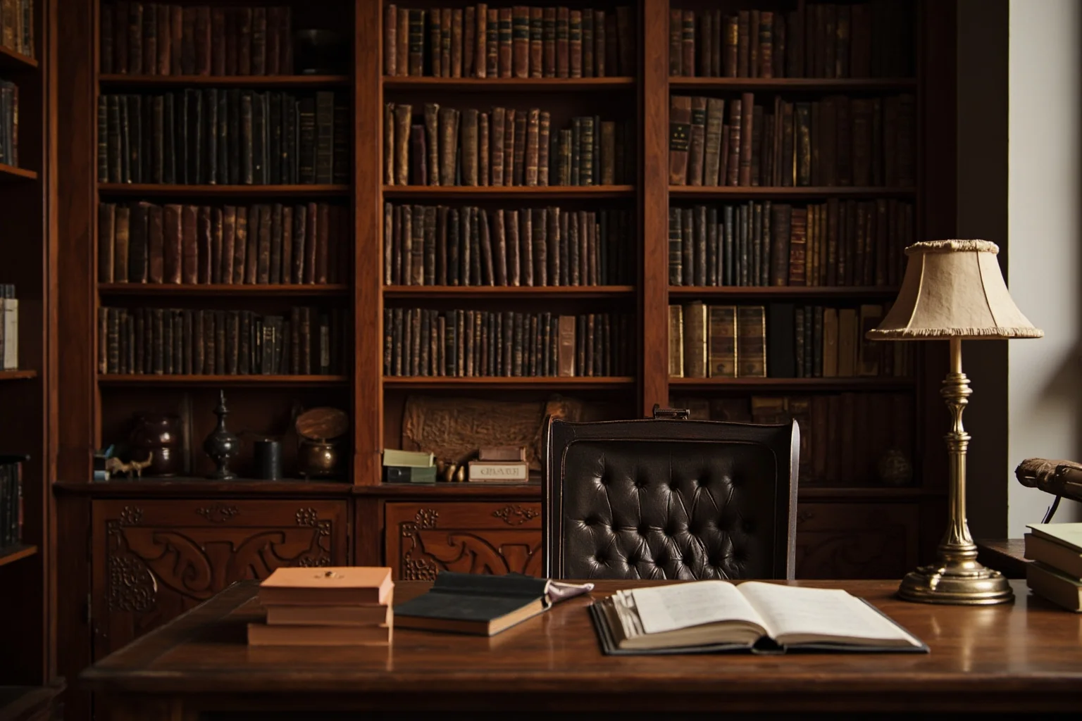 An academic study or library from the late 1800s with leather-bound books, a desk, and period furniture representing early American psychology