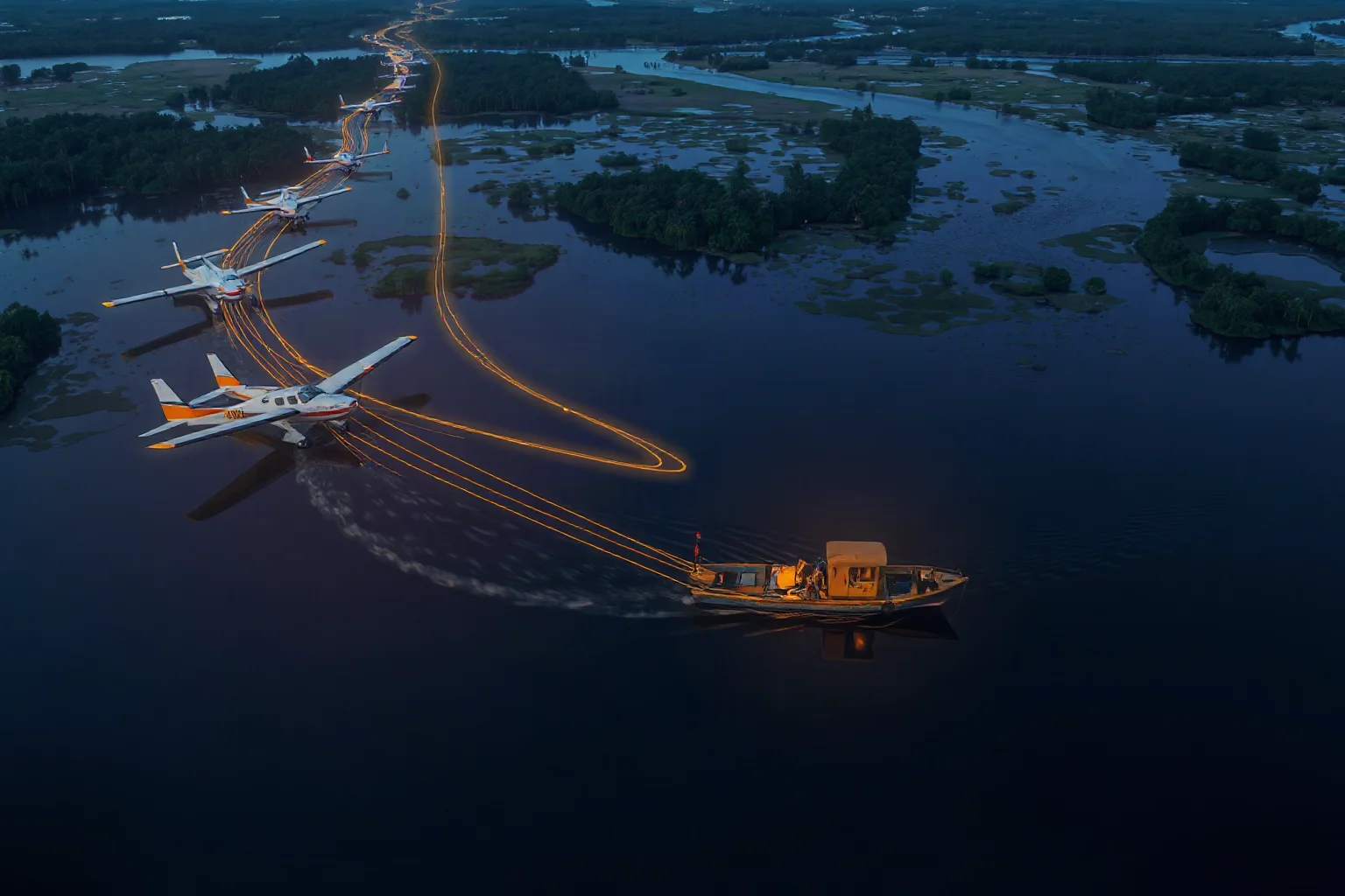 An aerial illustration of small planes and boats moving packages across a jungle river route at night