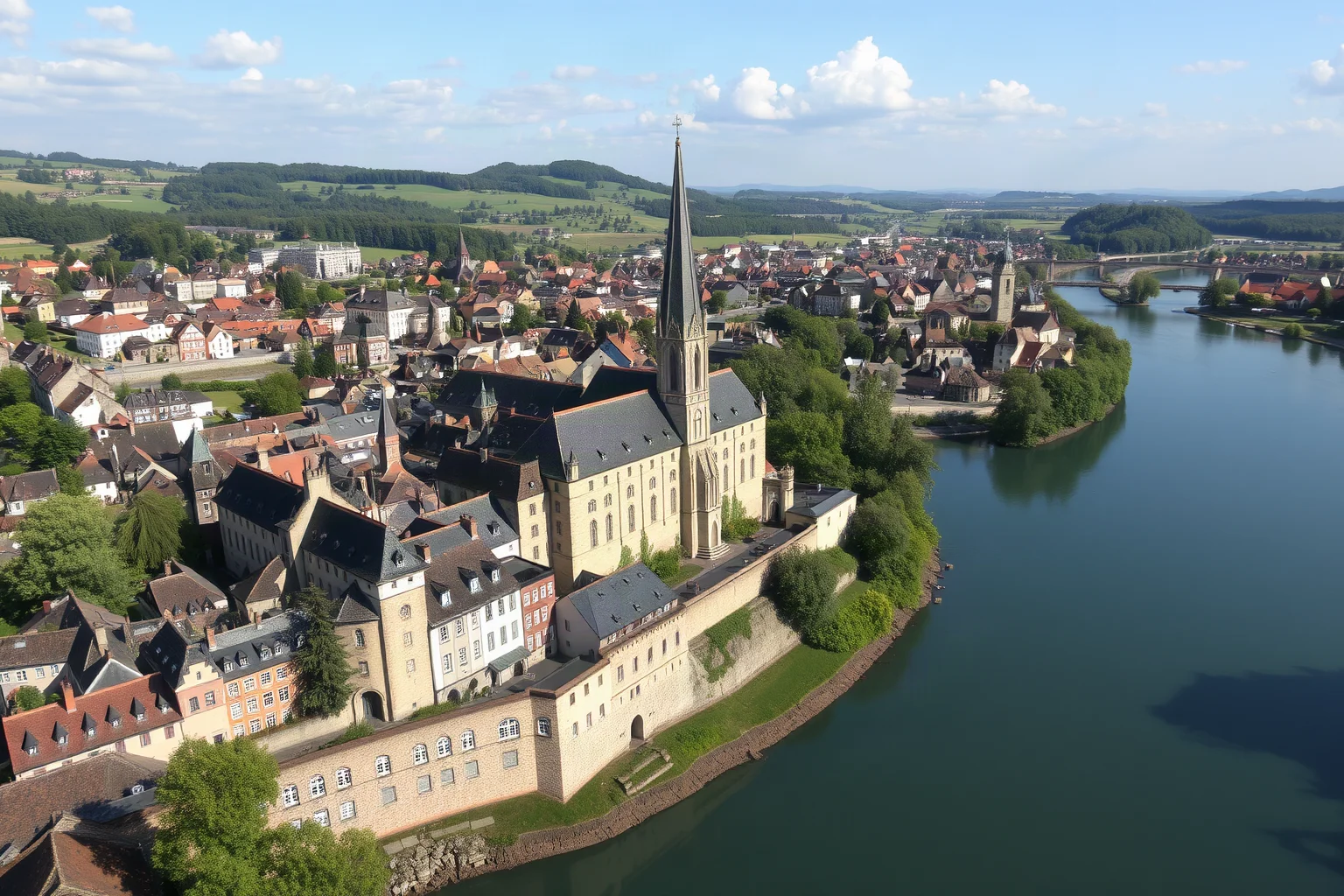 An aerial-style illustration of a fortified 16th-century European river city with a cathedral spire, representing a historic Alsace town