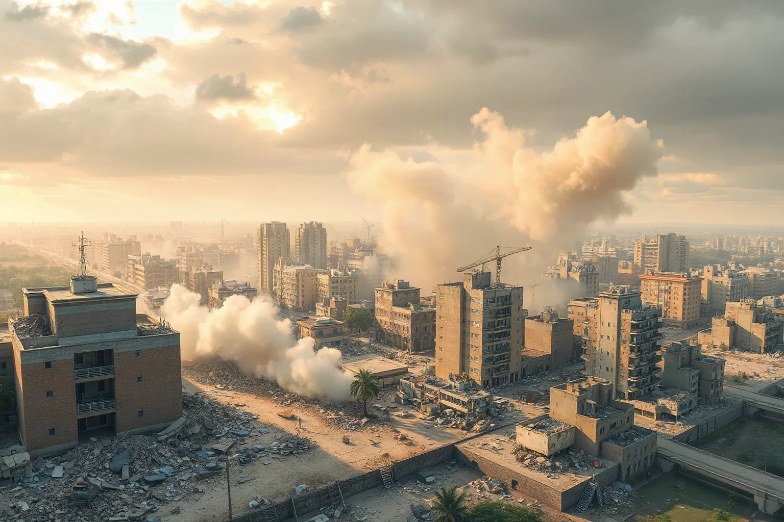 An aerial-style illustration of a leveled city after a powerful early-morning earthquake, rubble and dust under grey skies