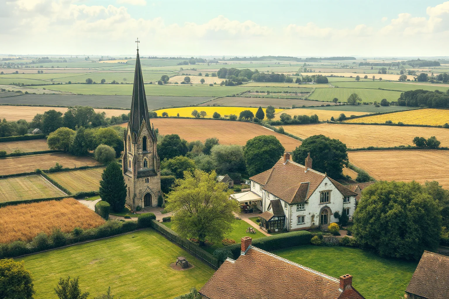 An aerial-style illustration of a small rural Suffolk village with farmland and a church spire, medieval England setting