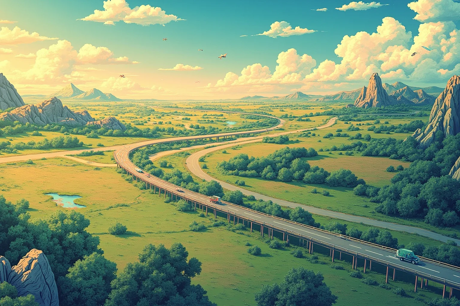 Longest Journeys Ever Undertaken On Foot 19 An aerial-style illustration of a winding highway stretching the length of a continent through varied landscapes