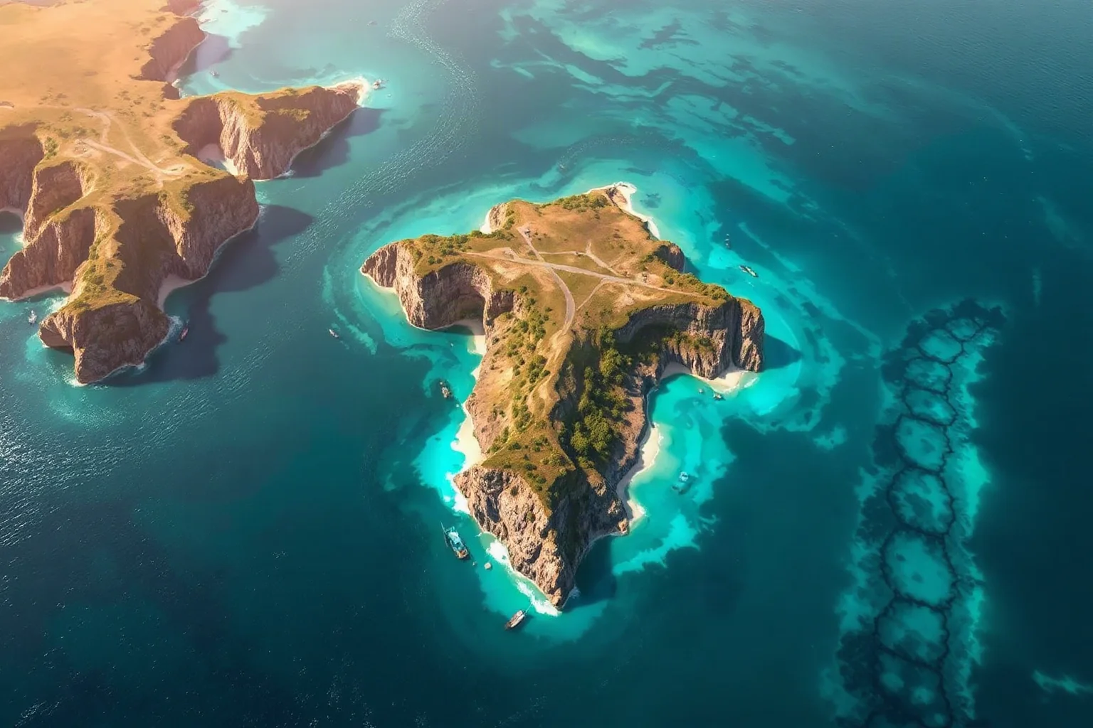 An aerial-style illustration of an exposed land bridge connecting two continents across shallow ancient seas
