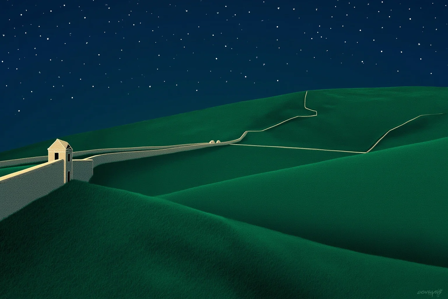 An aerial view illustration of a long wall snaking across green hills under a starry sky