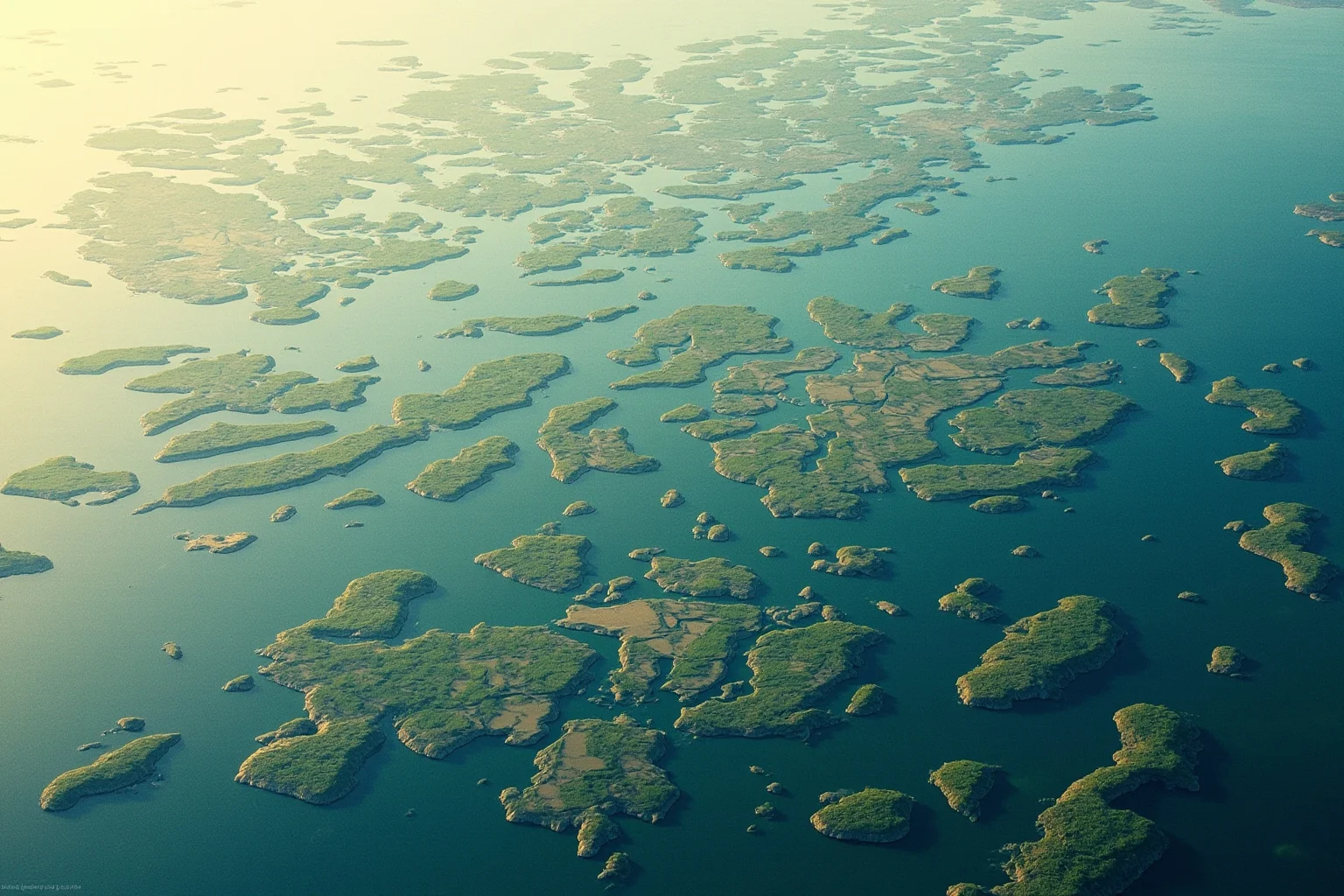 An aerial-view illustration of a vast, low-lying river delta with countless small islands and waterways