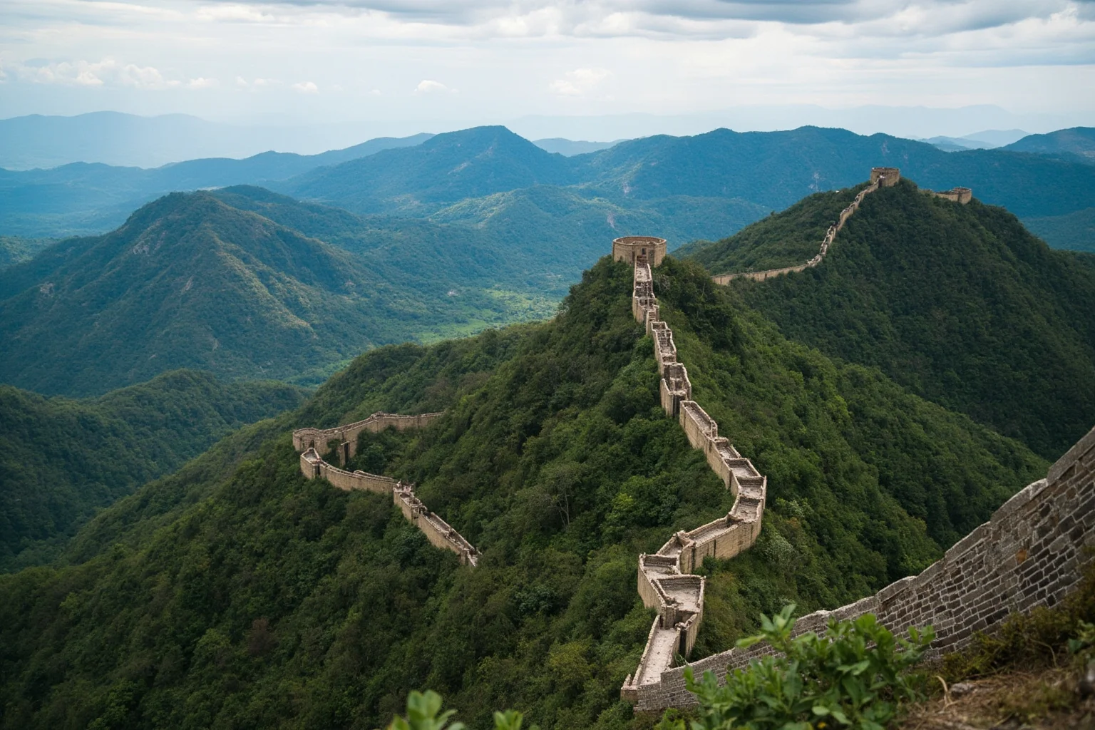 An aerial view of a long stone wall snaking across green mountains, seen from a great height
