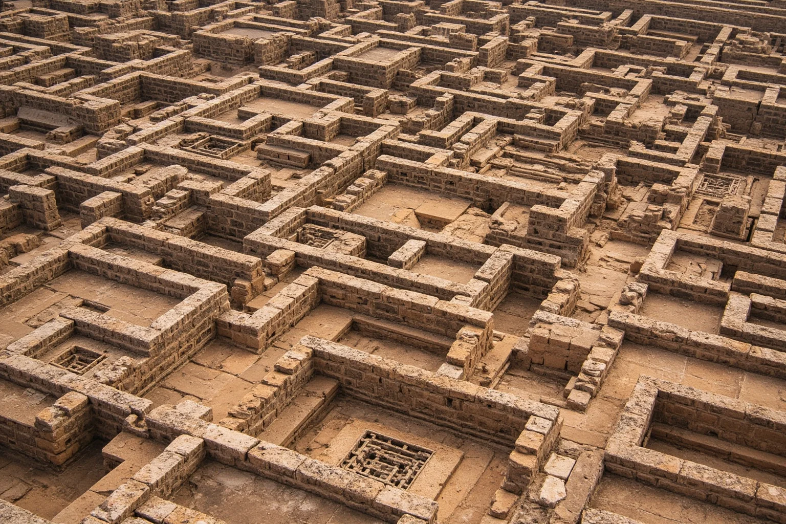 Myths That Defined Cultures: 20 Legends Born From True Events 7 An aerial view of a sprawling ancient stone palace with maze-like corridors and bull-horn carvings