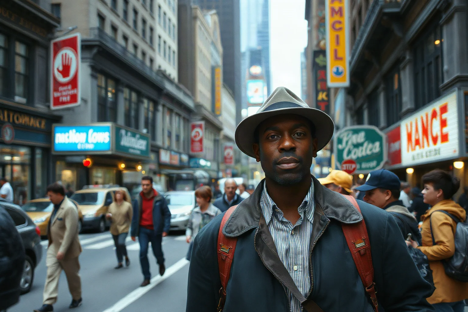 An African American man navigating a crowded urban street scene in mid-20th century America, surrounded by city life