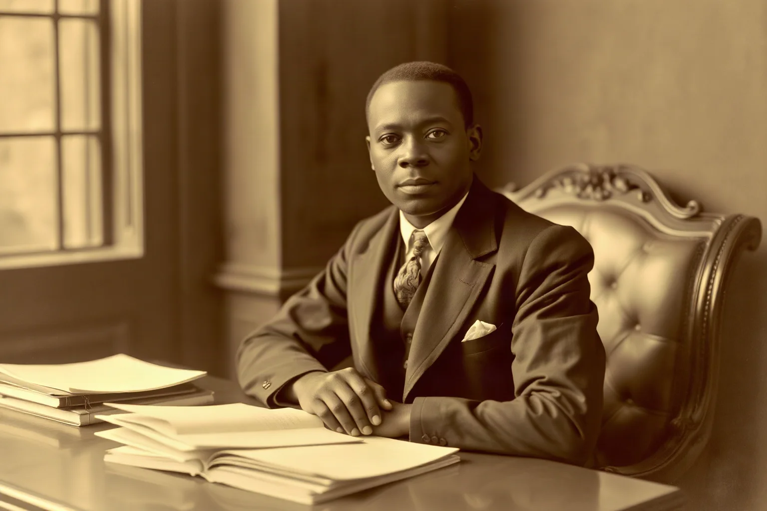 An African American scholar or educator from the early 1900s in formal attire, seated at a desk with books and papers
