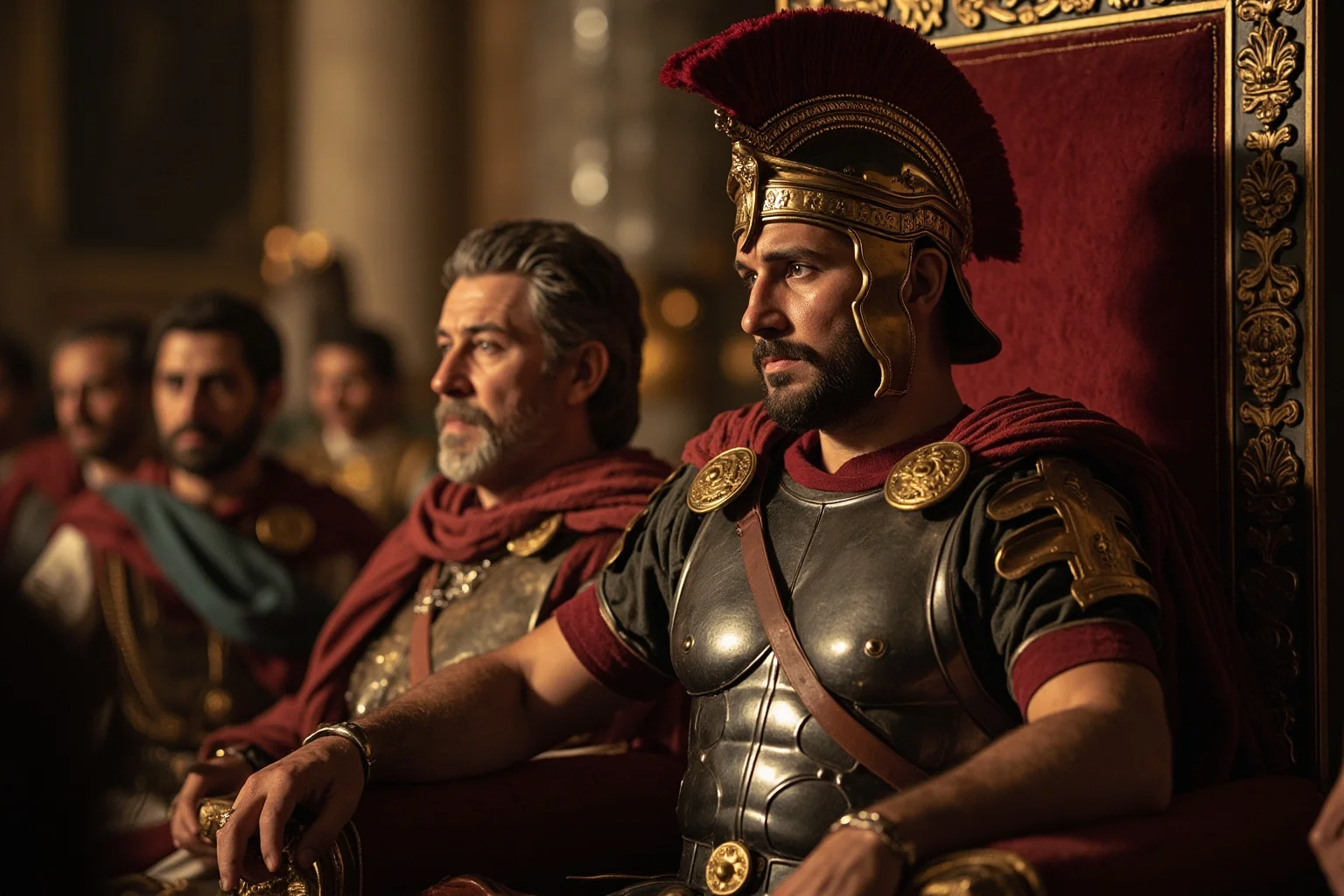 An African-born Roman military commander in armor seated on a throne, receiving reports from generals and provincial governors