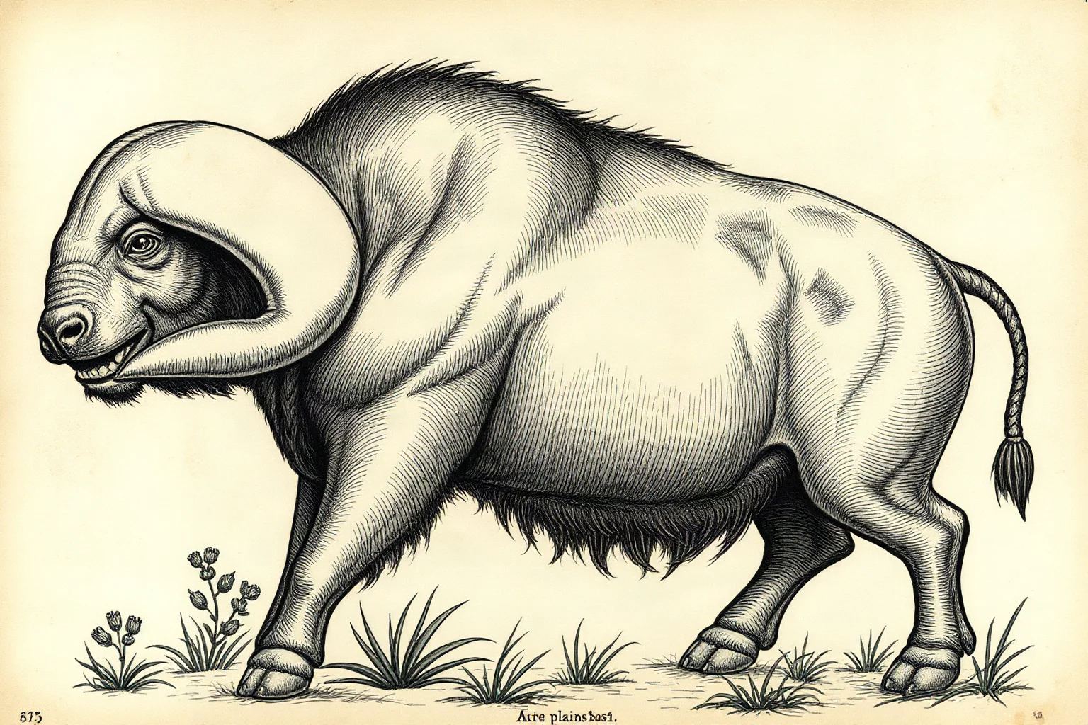 An African plains beast with a heavy lowered head and buffalo-like body, illustrated in the style of an old natural history manuscript