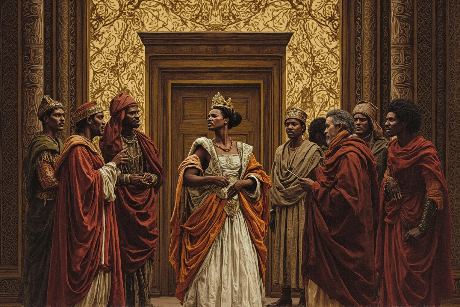 An African queen in regal robes strategizing with advisors in a fortified compound, dignified historical illustration