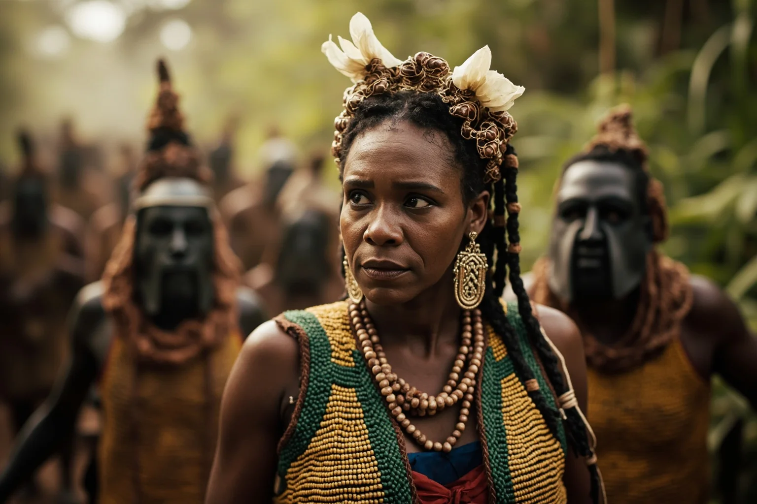 Wars Started By Women: The Rebel Queens Who Changed History 15 An African queen in traditional royal dress and beads leading warriors through a forest landscape, 17th-century Angola setting