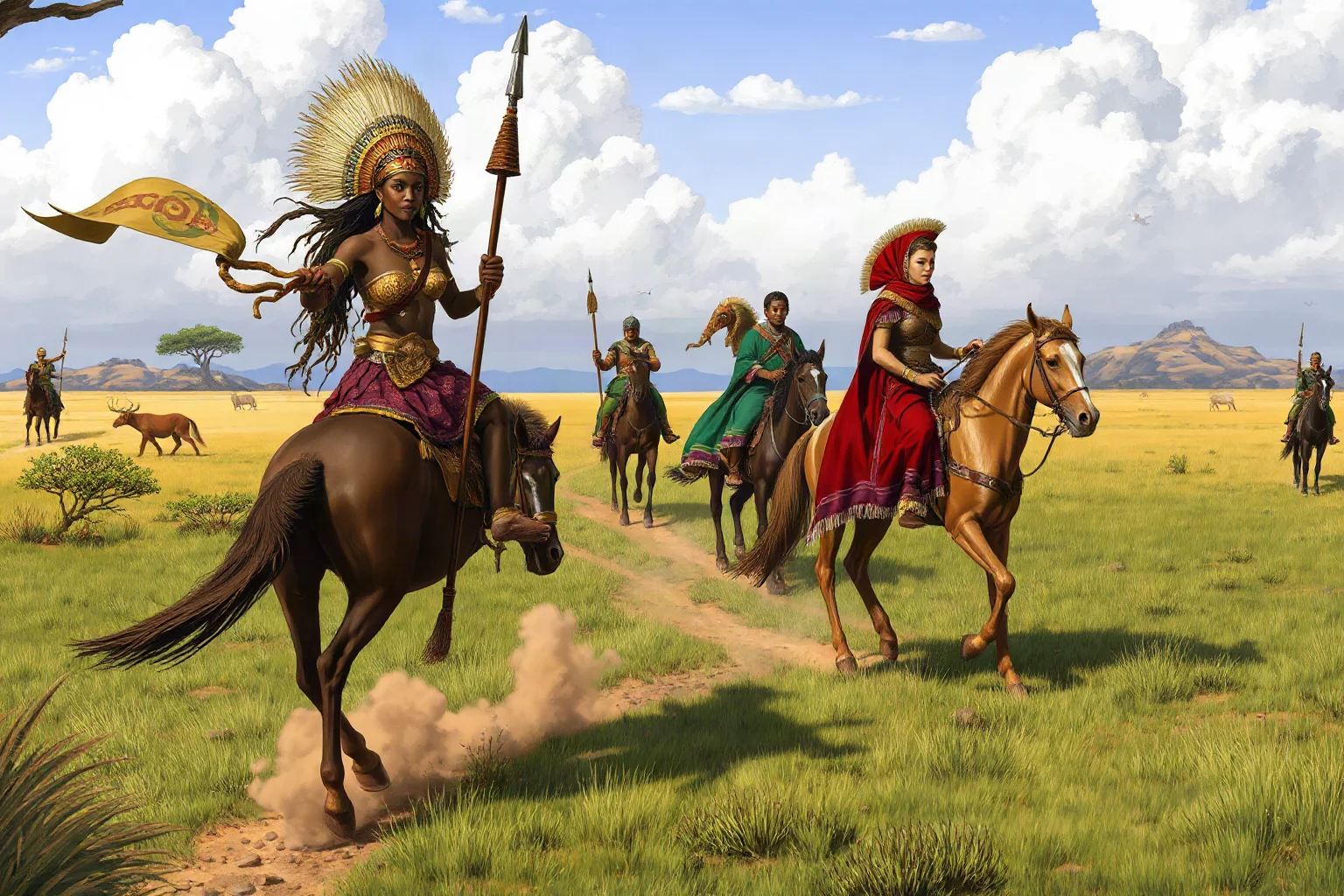 An African queen in warrior dress leading mounted troops across a savanna landscape, historical illustration