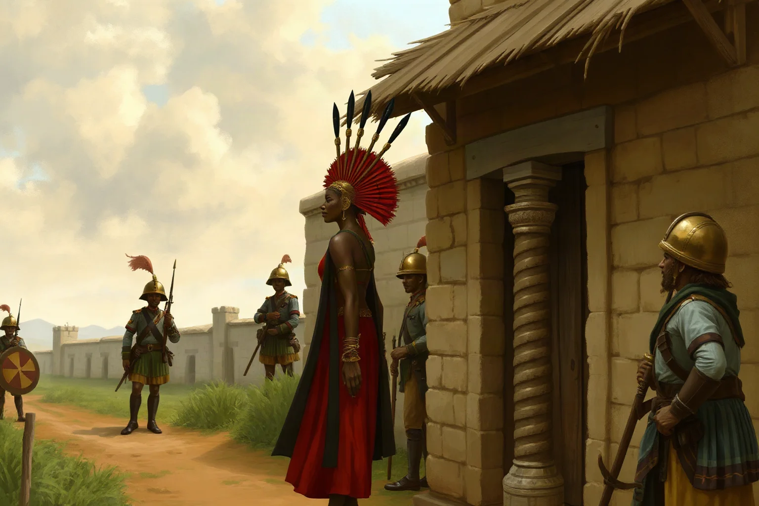 An African queen in warrior regalia negotiating with colonial soldiers outside a fortified compound, historical illustration