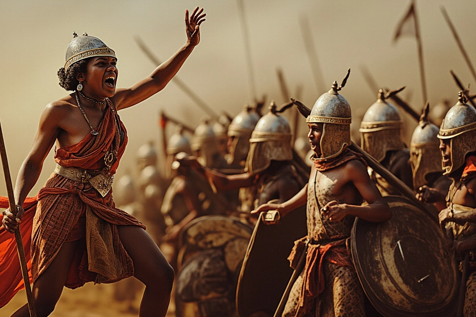 An African queen mother rallying warriors before battle against colonial forces, historical illustration