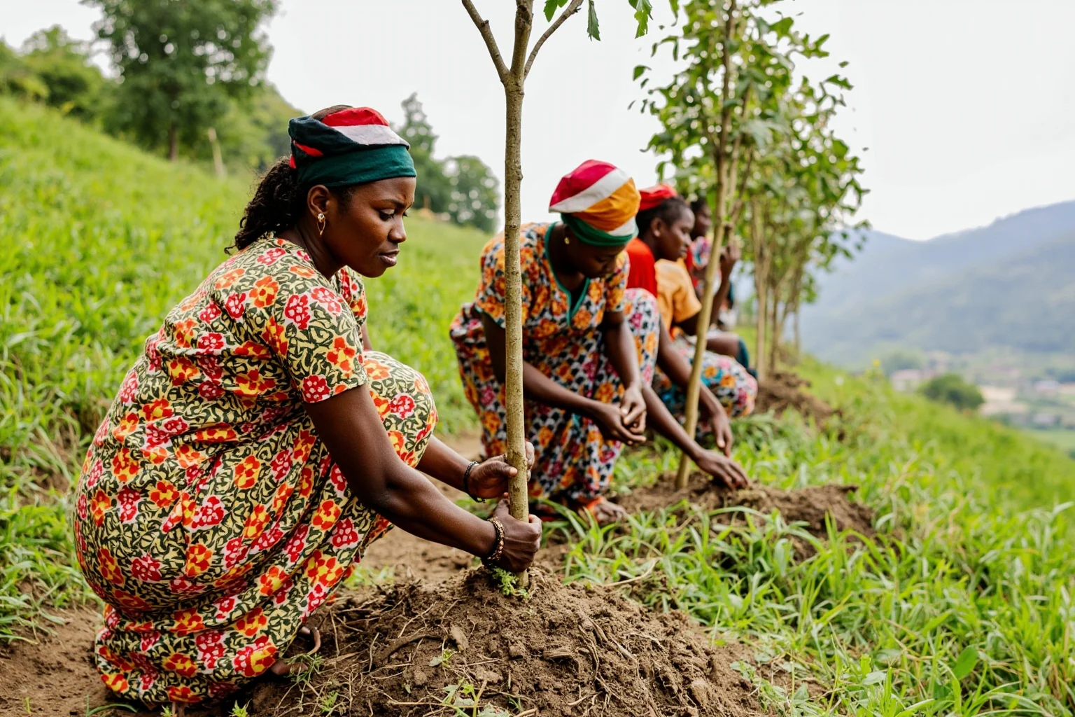 An African woman in colorful traditional dress planting a tree sapling on a green hillside with other women