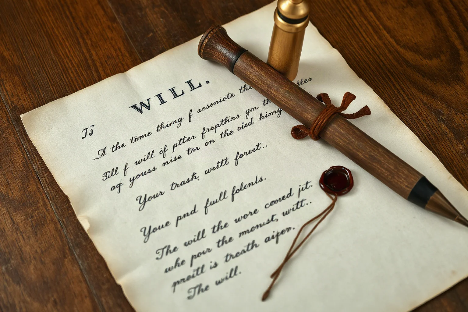 An aged handwritten will document on a wooden desk with a wax seal, historical still life