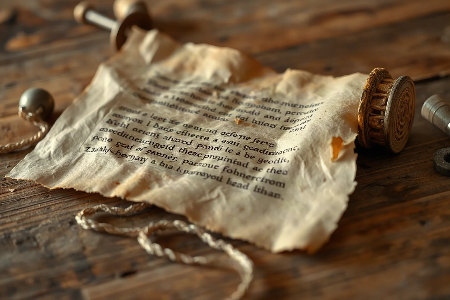 An aged papyrus scroll fragment with ancient Greek lettering, resting on a wooden table, lit softly to evoke rediscovered ancient poetry