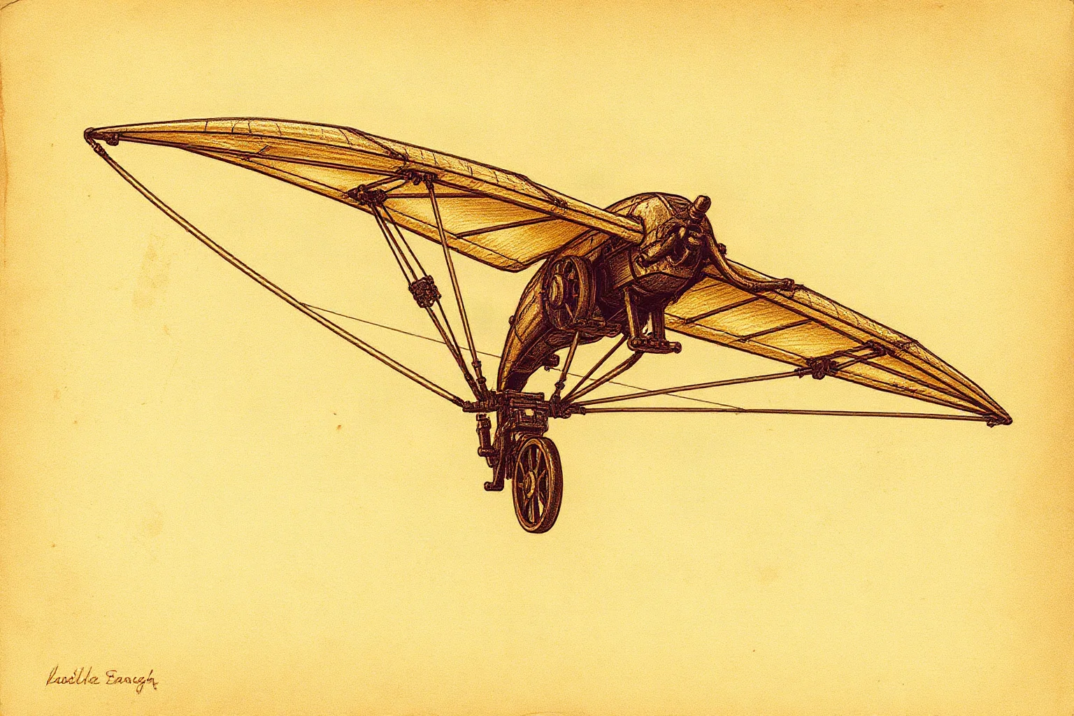 An aged parchment sketch of a wing-like flying machine with mechanical joints and pulleys