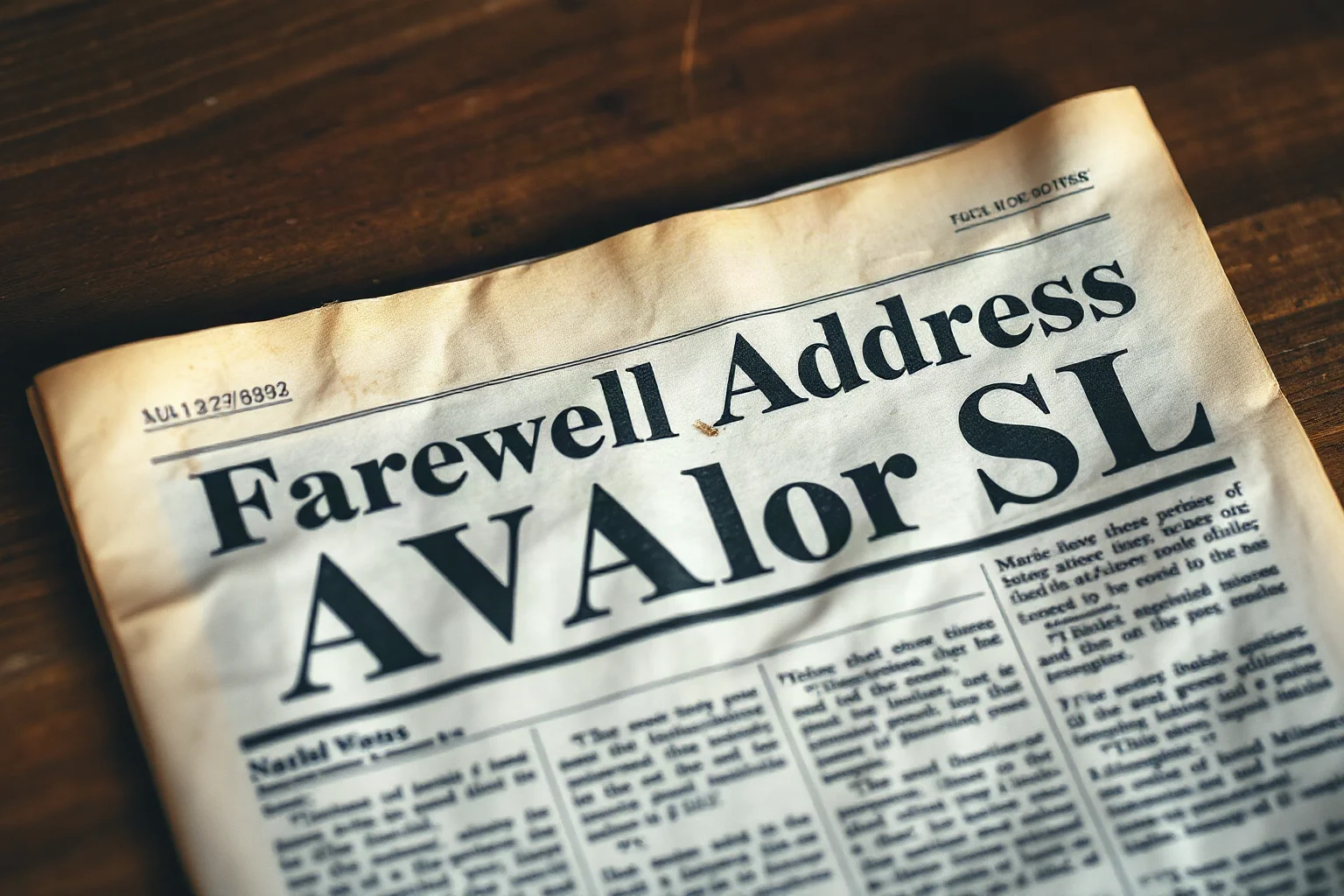 An aged printed newspaper page with a farewell address headline, historical still life